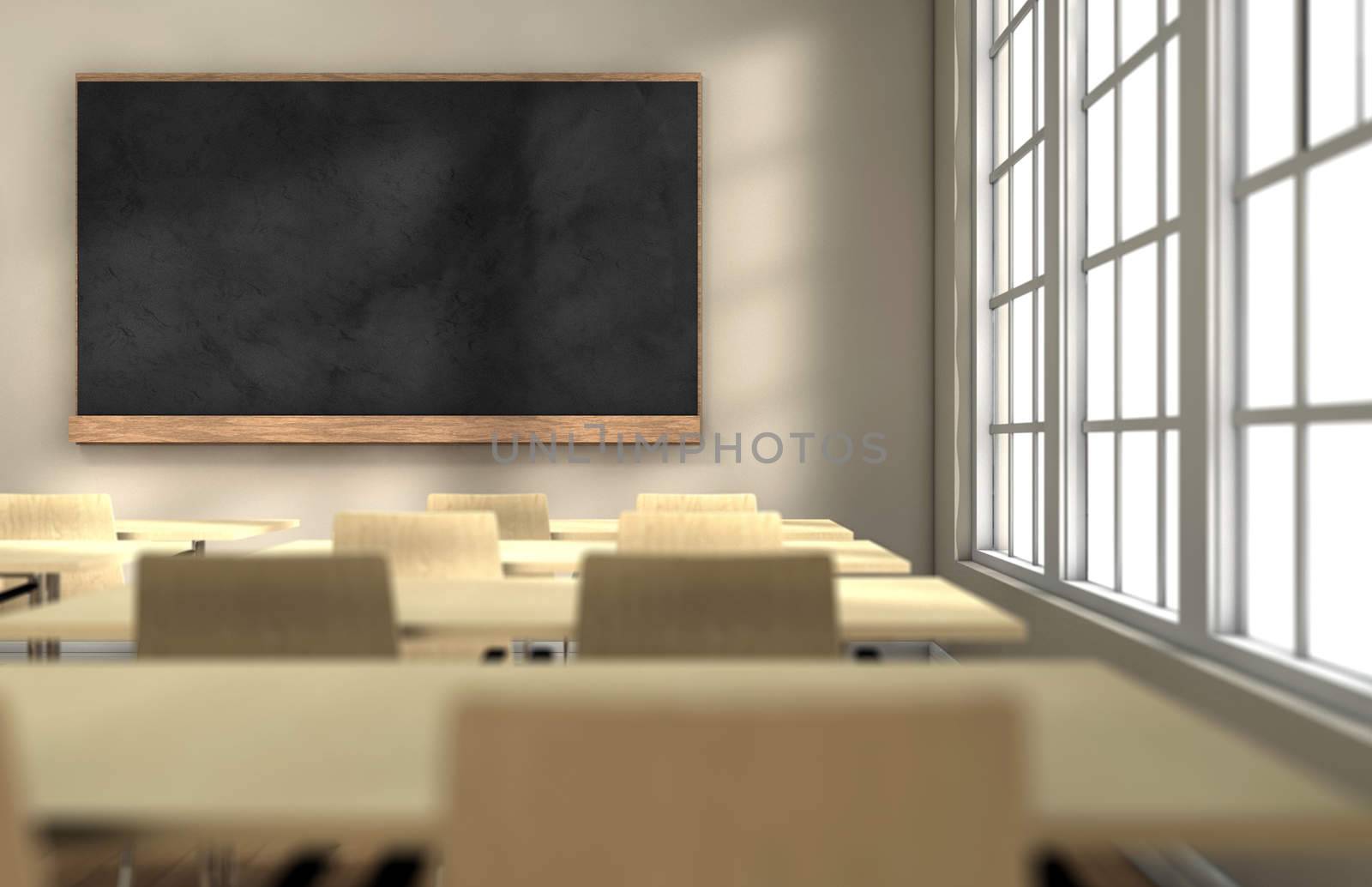 Classroom with desks and blackboard with focus on the blackboard