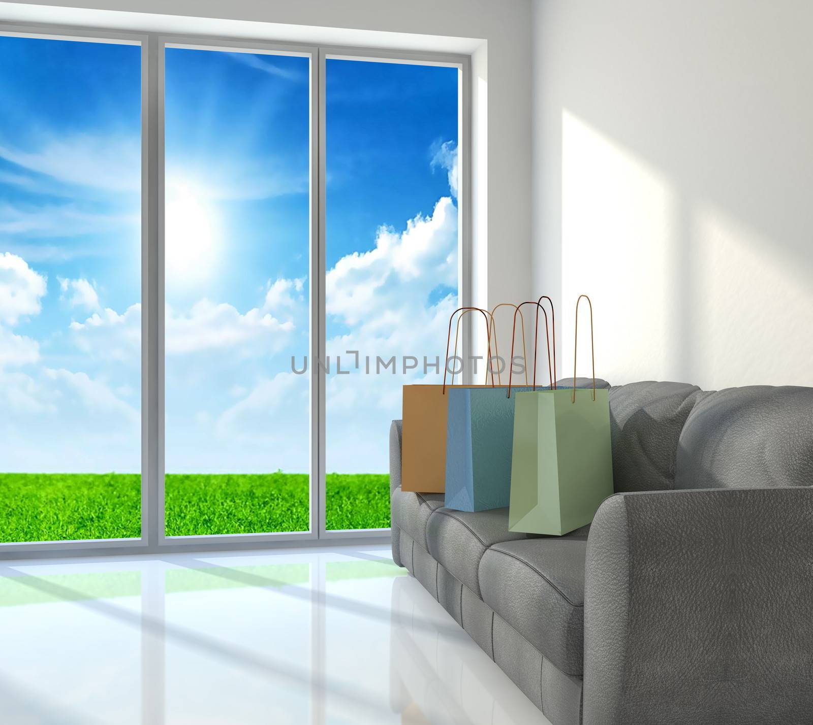 Shopping bags on sofa near a big window