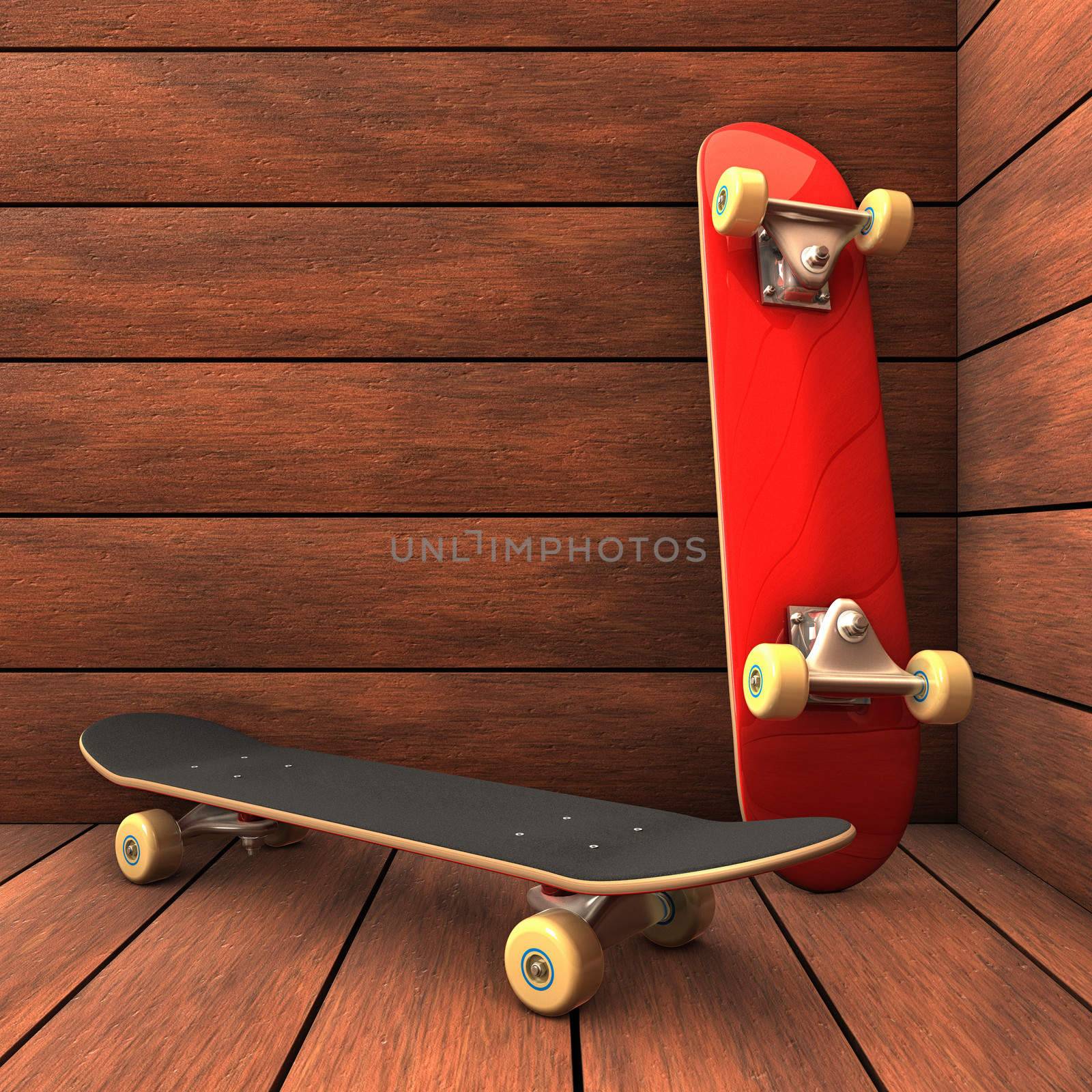 Skateboard composition on wood background