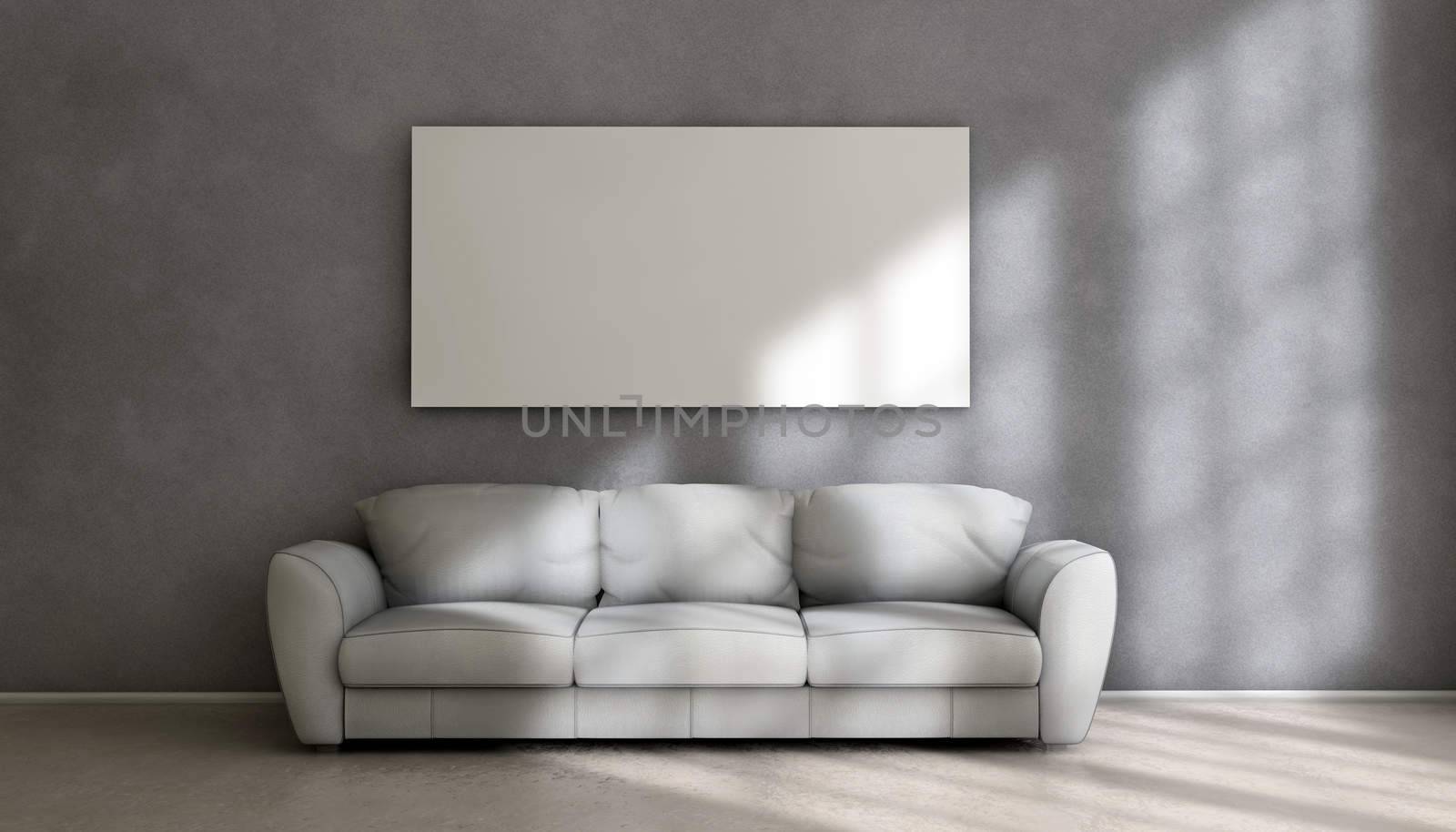 White card on the wall above a sofa