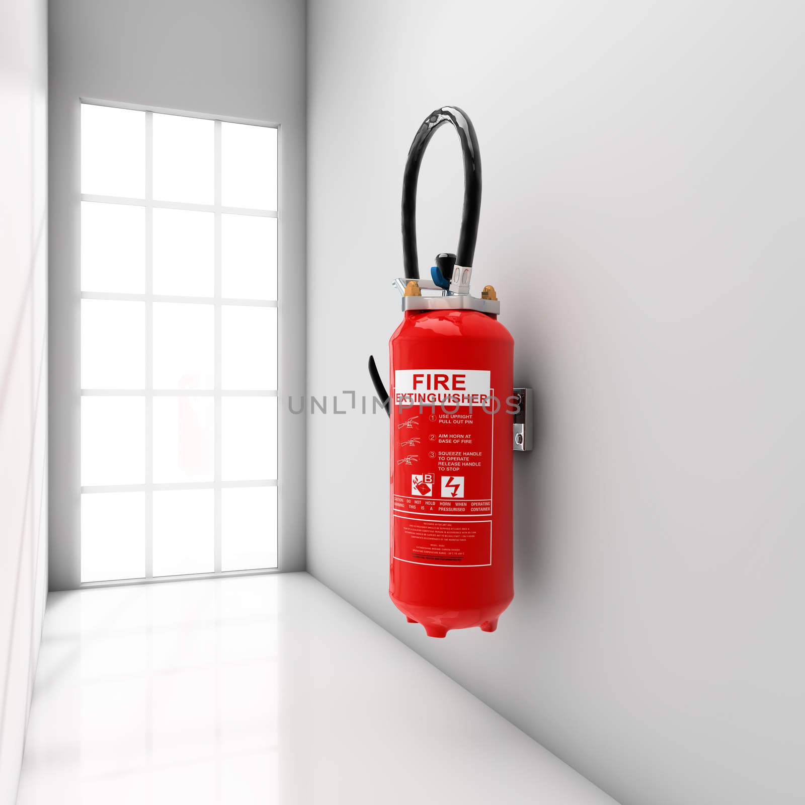 Extinguisher fixed on white corridor wall