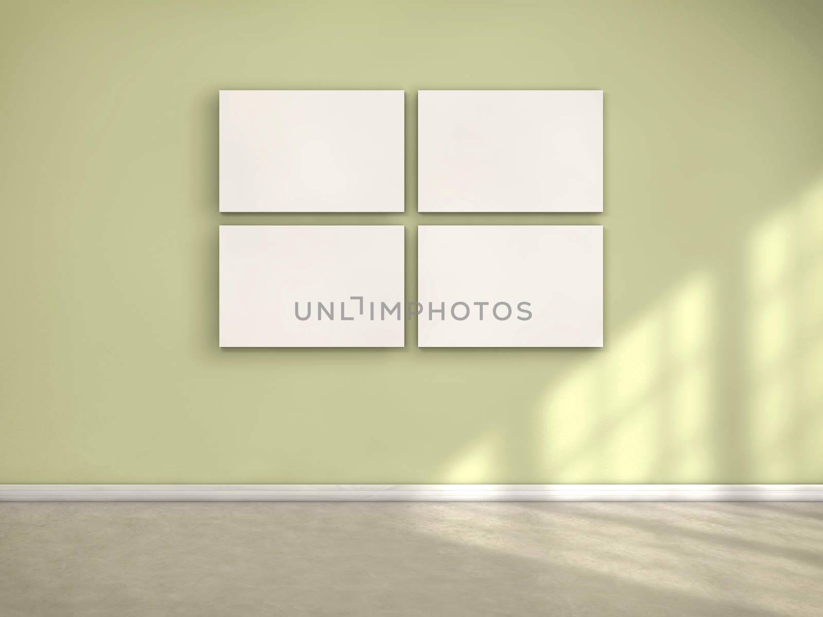 Four white frames on a room and sun light coming from a window