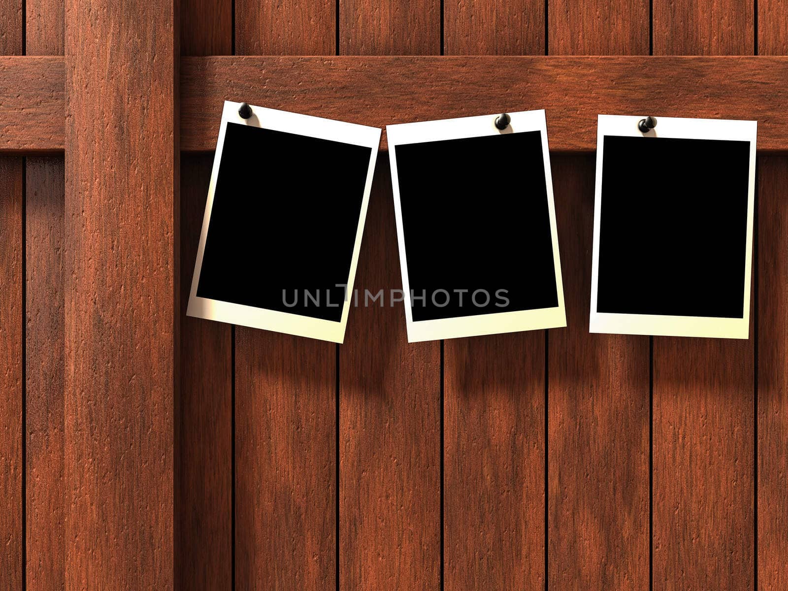 Three empty pictures on wood background