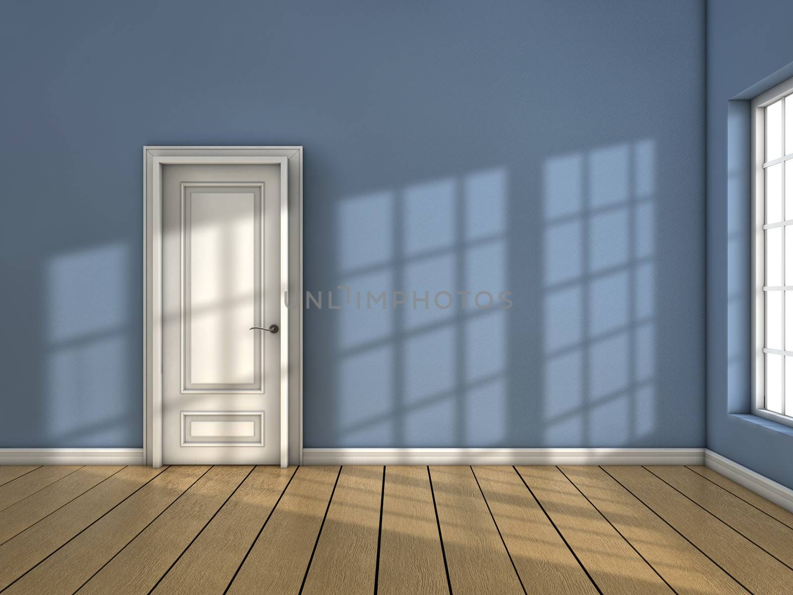 Room with closed door and sun light coming from the window