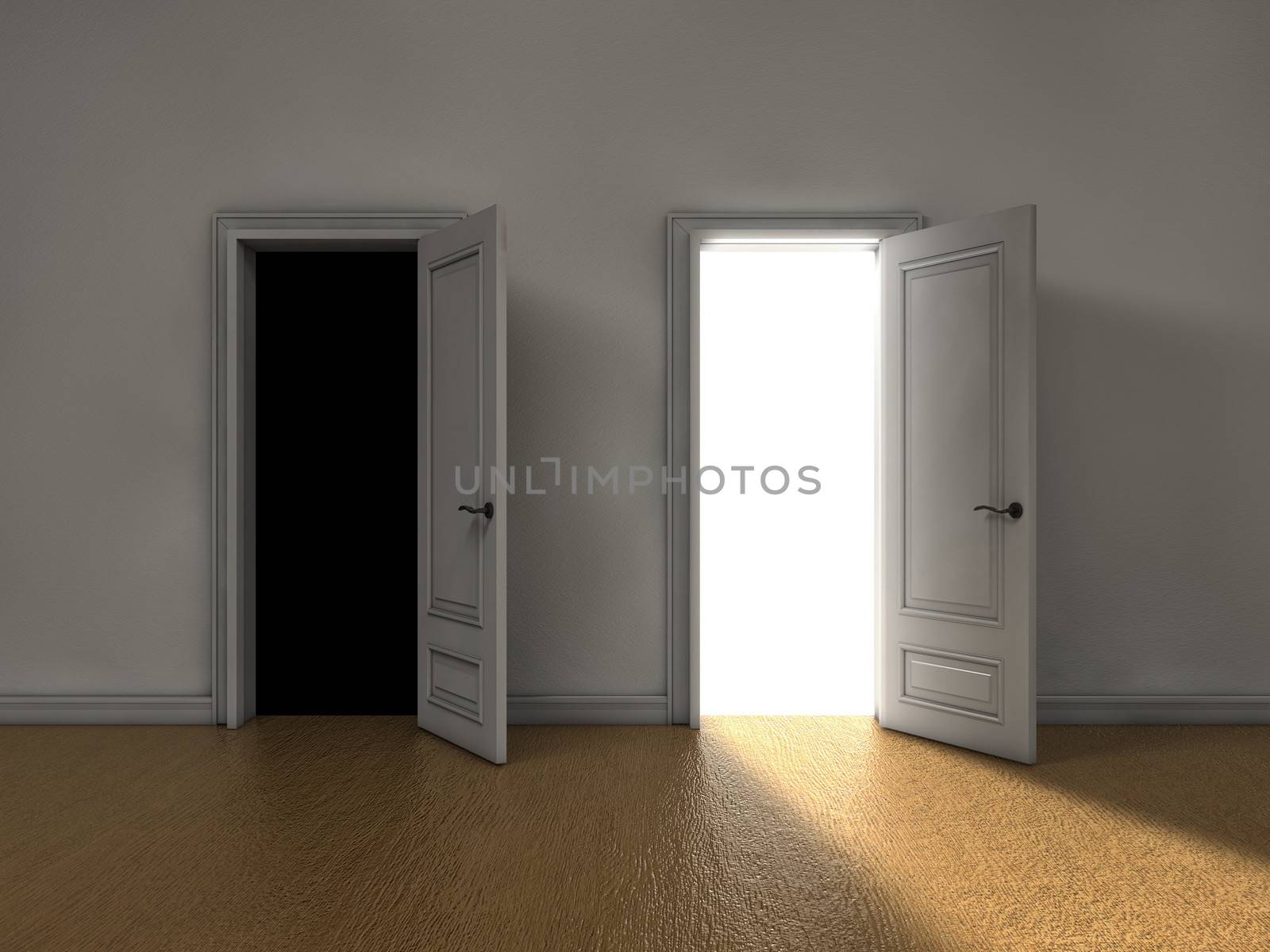 Bright light coming from one door and darkness from the other