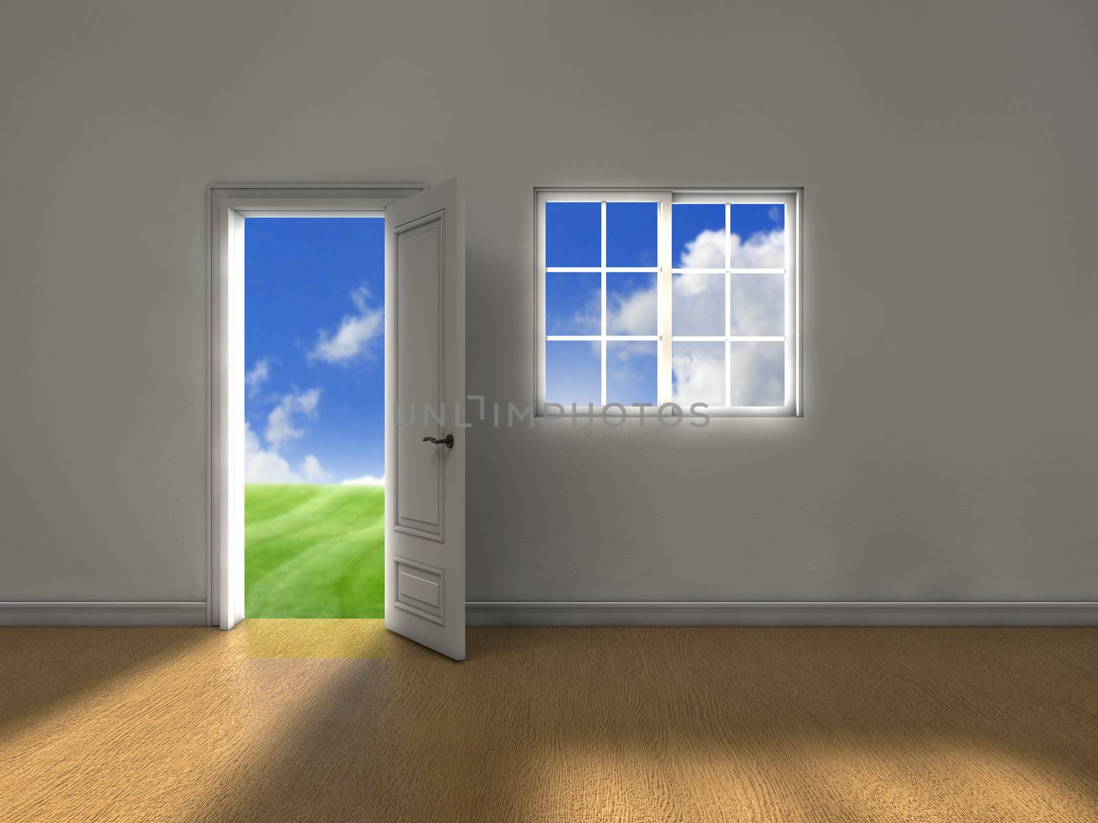 Room with door and window and clean weather outside