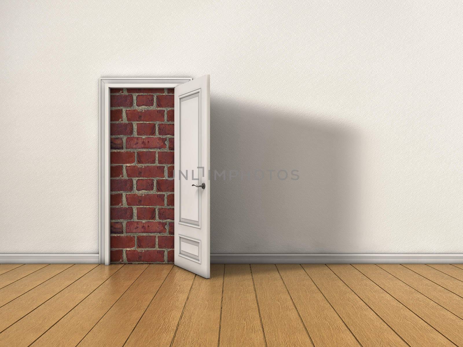 Room with opened door blocked by brick wall