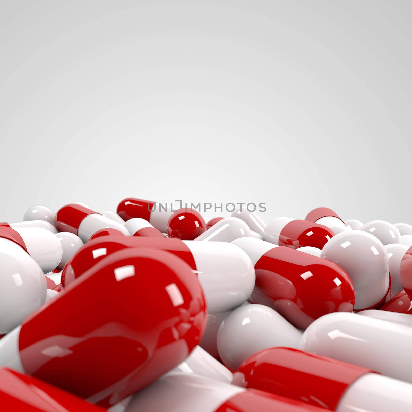 Pills pile on white background