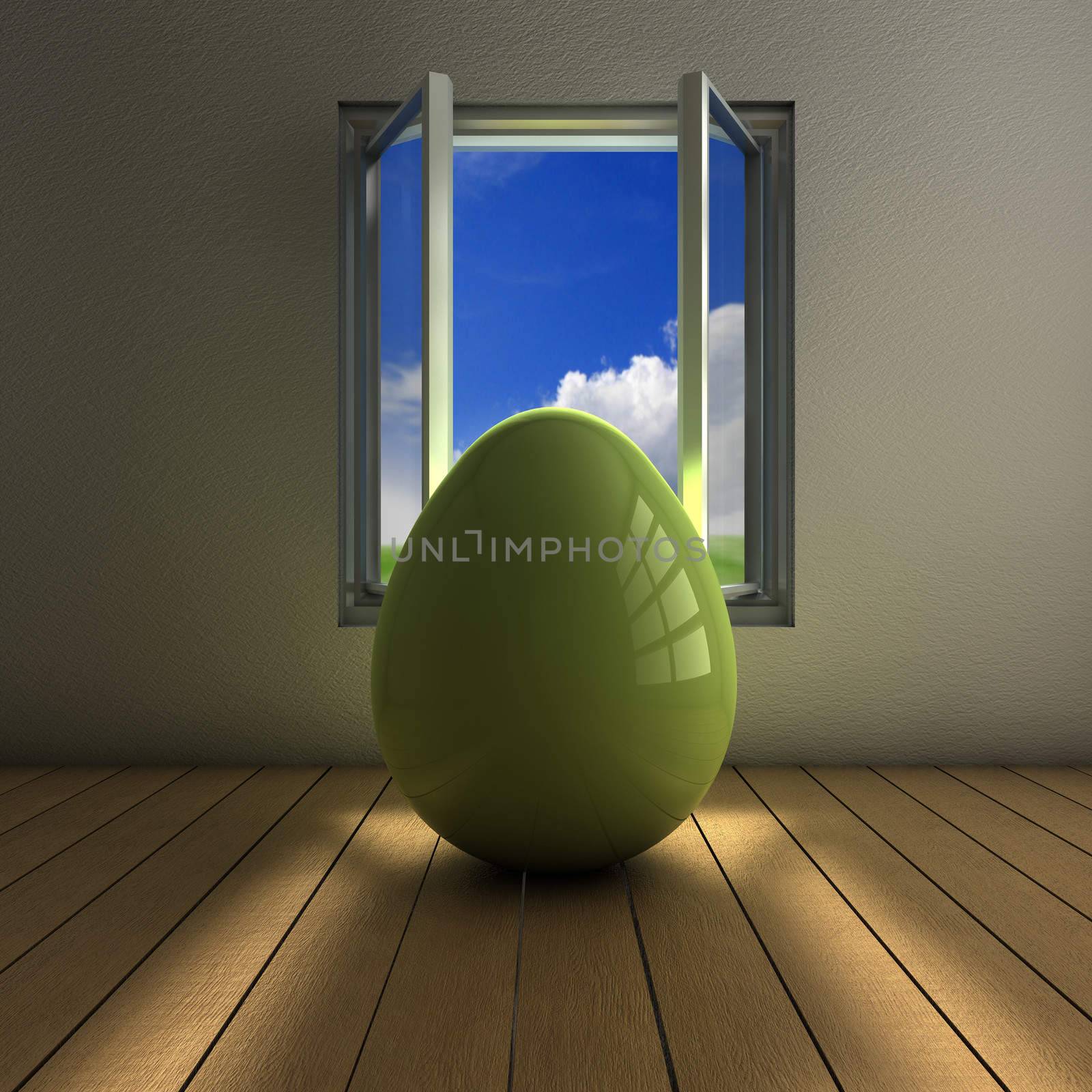 Green egg close to a window with clean weather outside