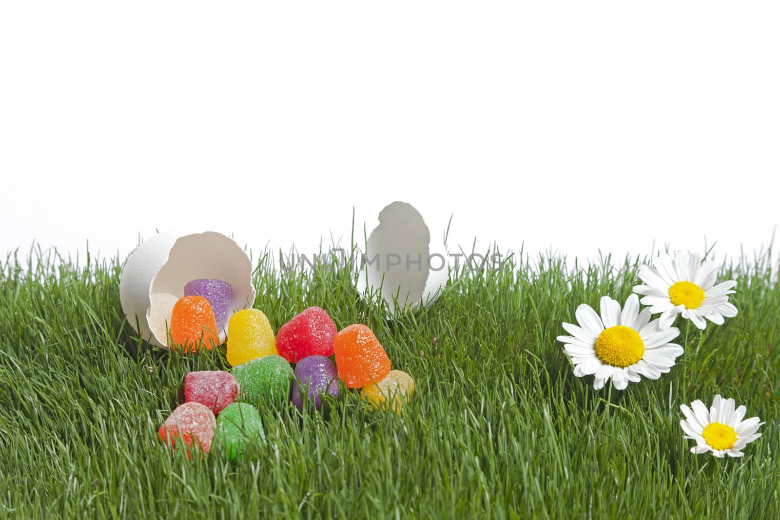 Sweet gummy candies spill out of an egg on a patch of grass against a white background.