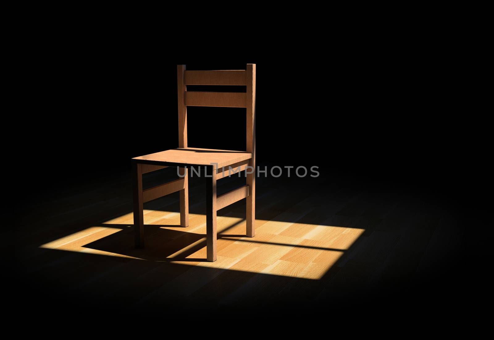 Chair on a dark room illuminated only by a light coming from a window