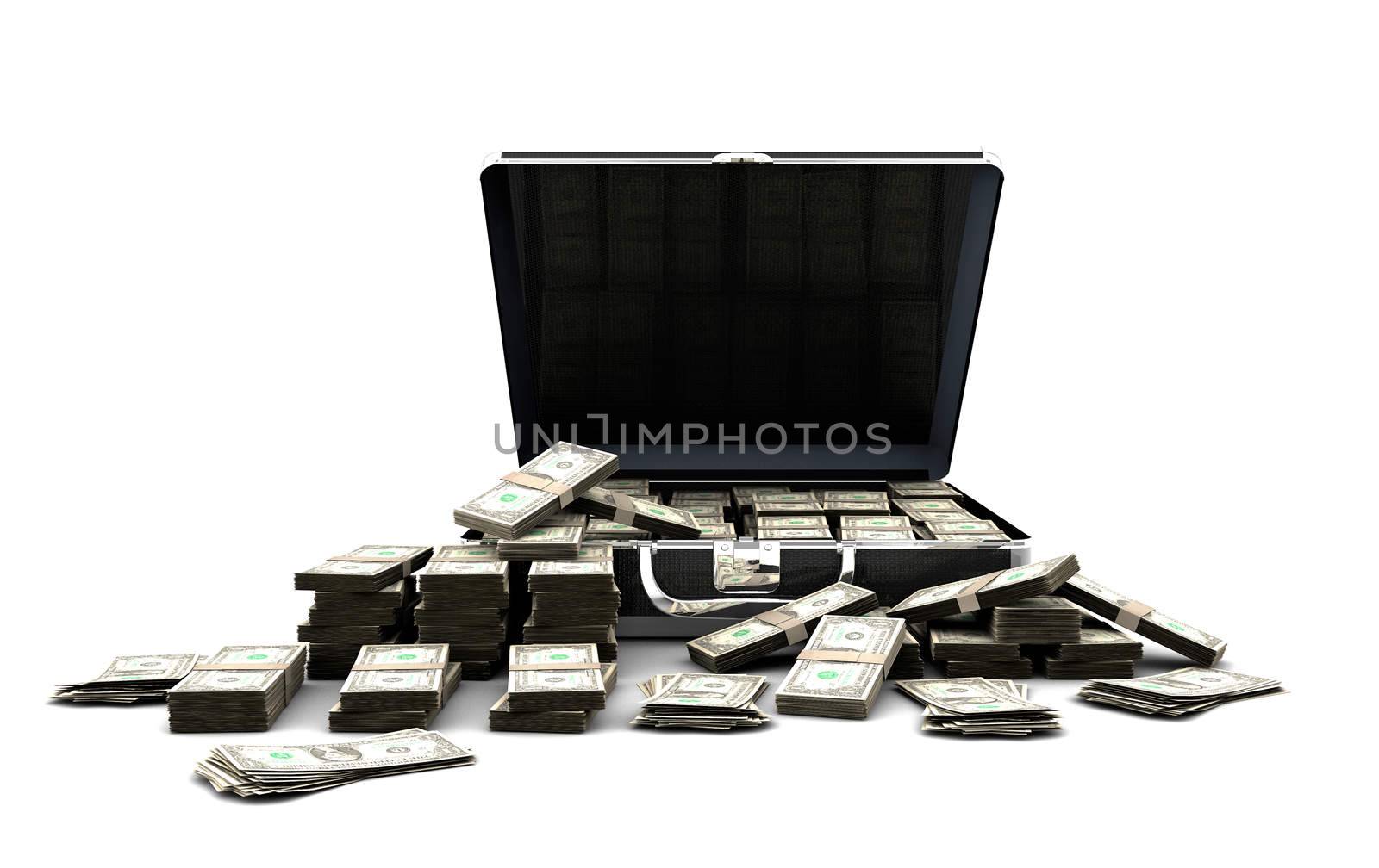 Briefcase full of money on white background