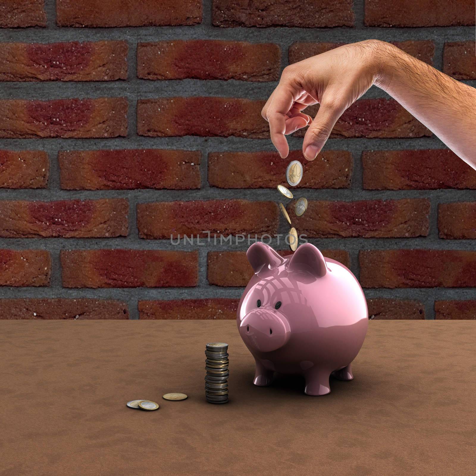 Hand dropping coins into a piggy bank