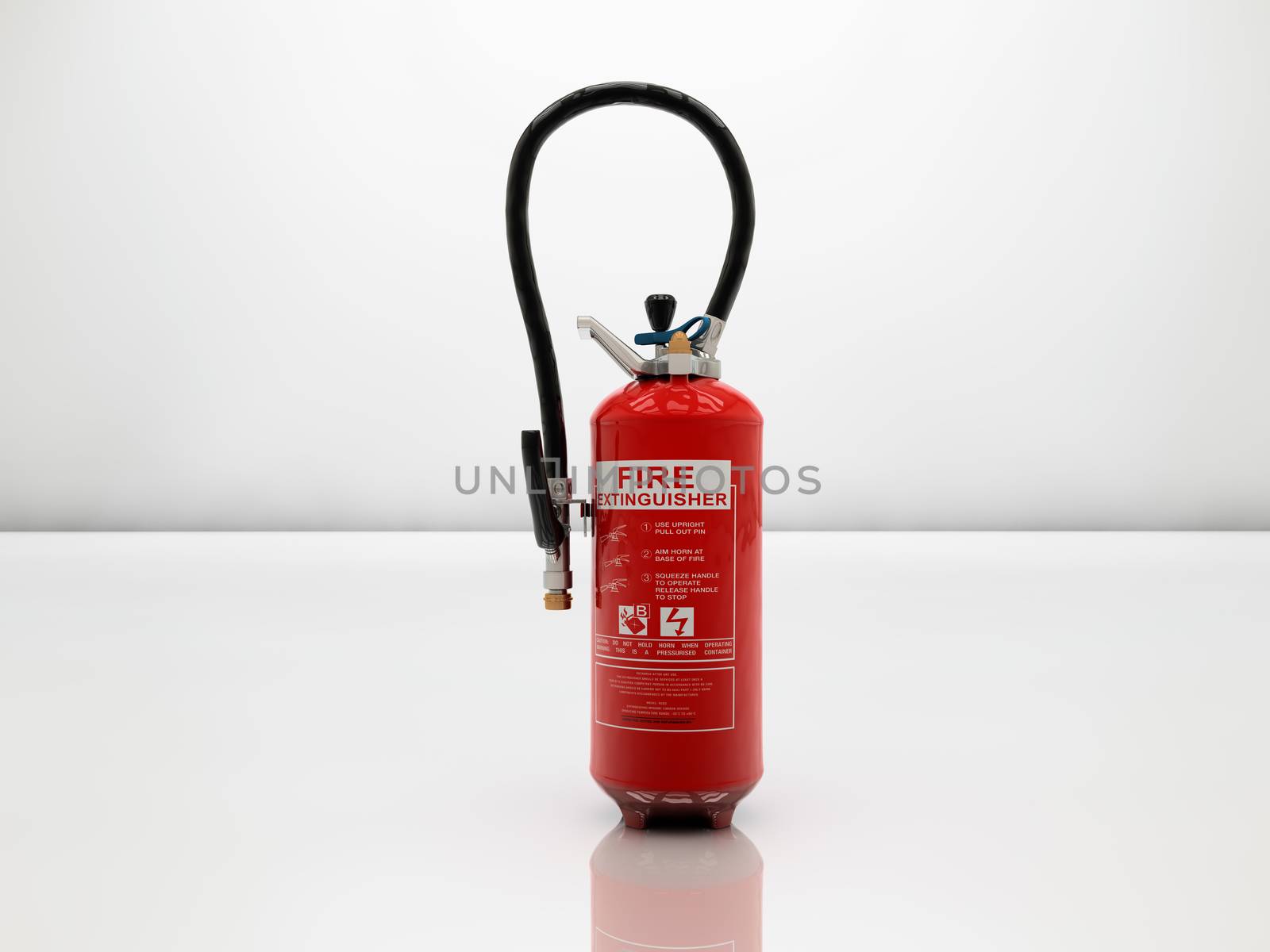 Extinguisher on white and glossy surface