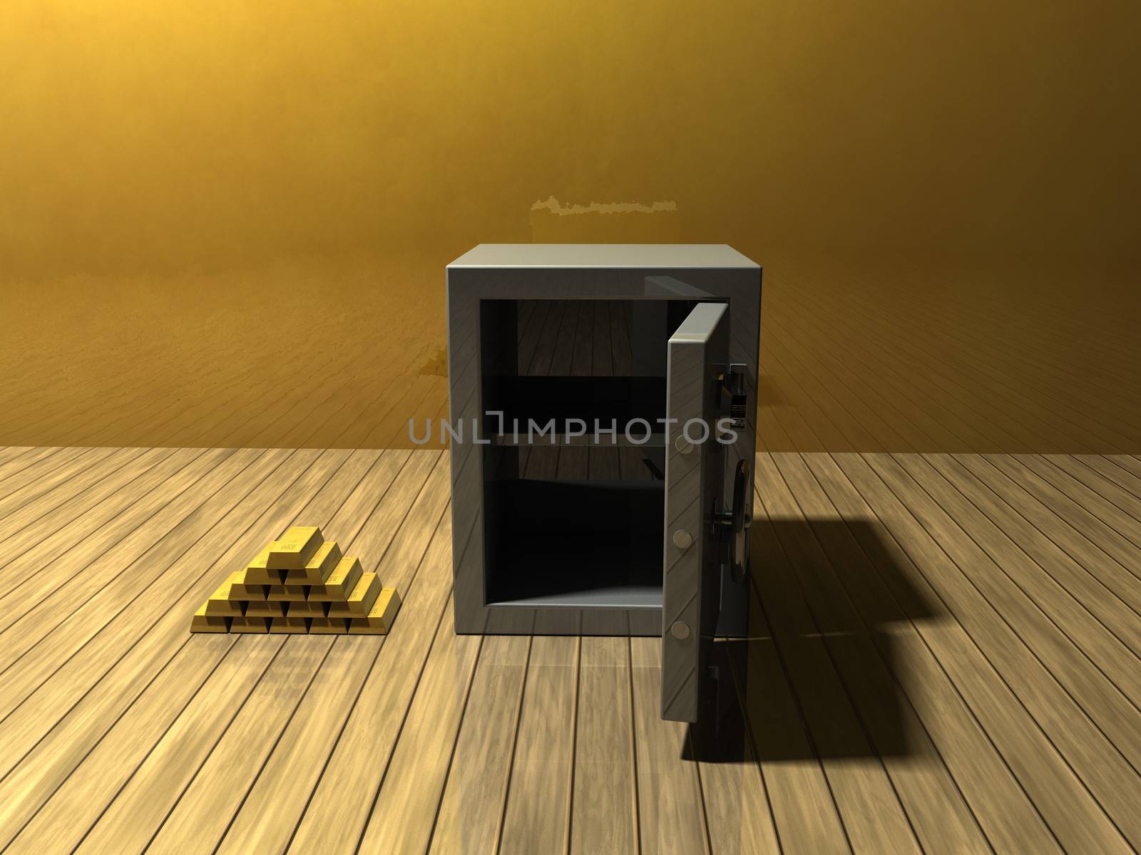 Pile of gold bars and a safe