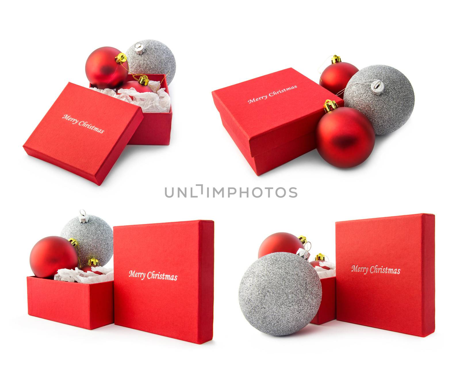 Set of four Christmas compisitions on white background