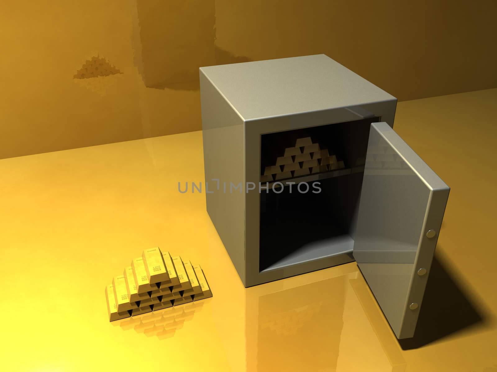 Pile of gold bars and a safe on glossy golden surface