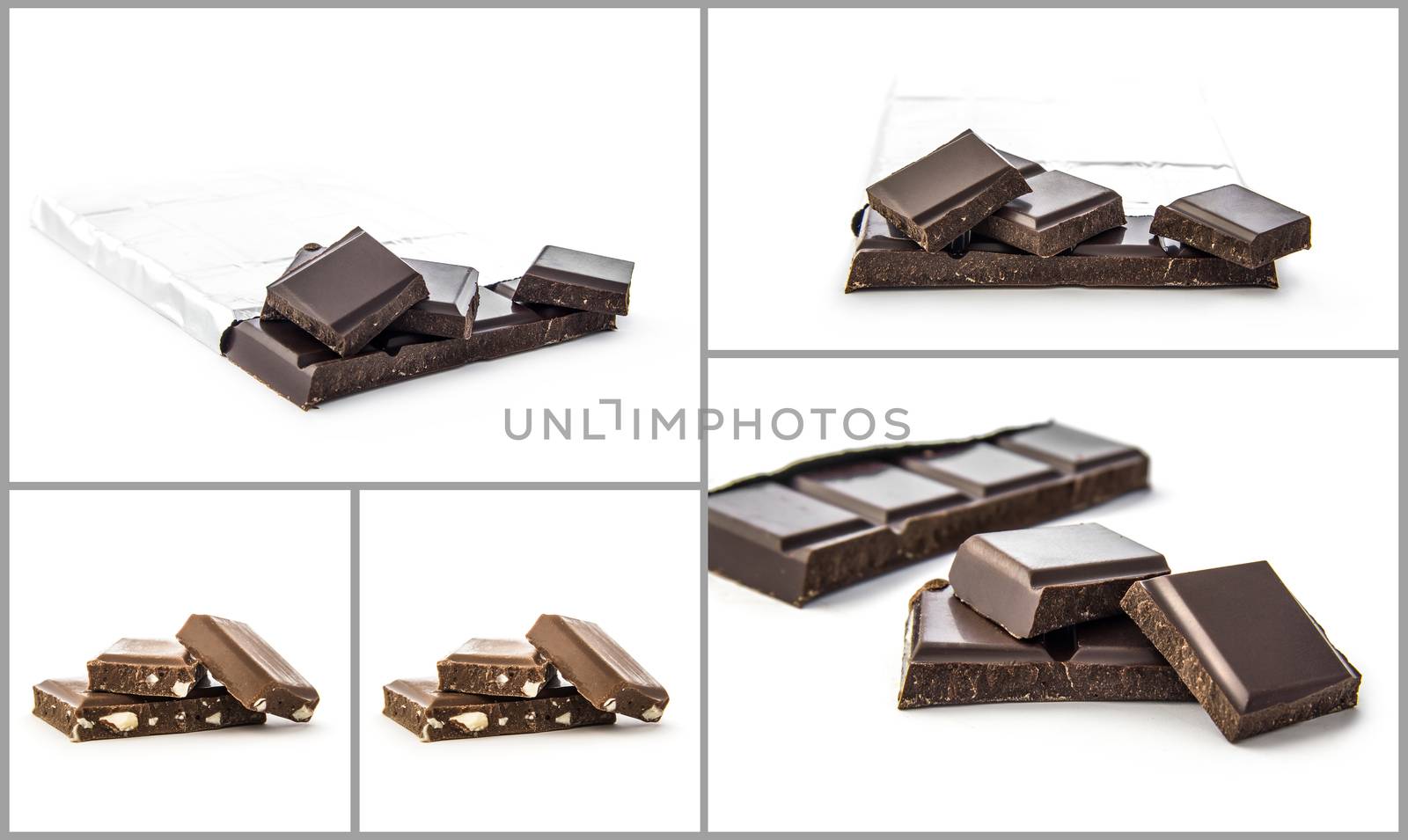Set of several chocolate compositions on white background