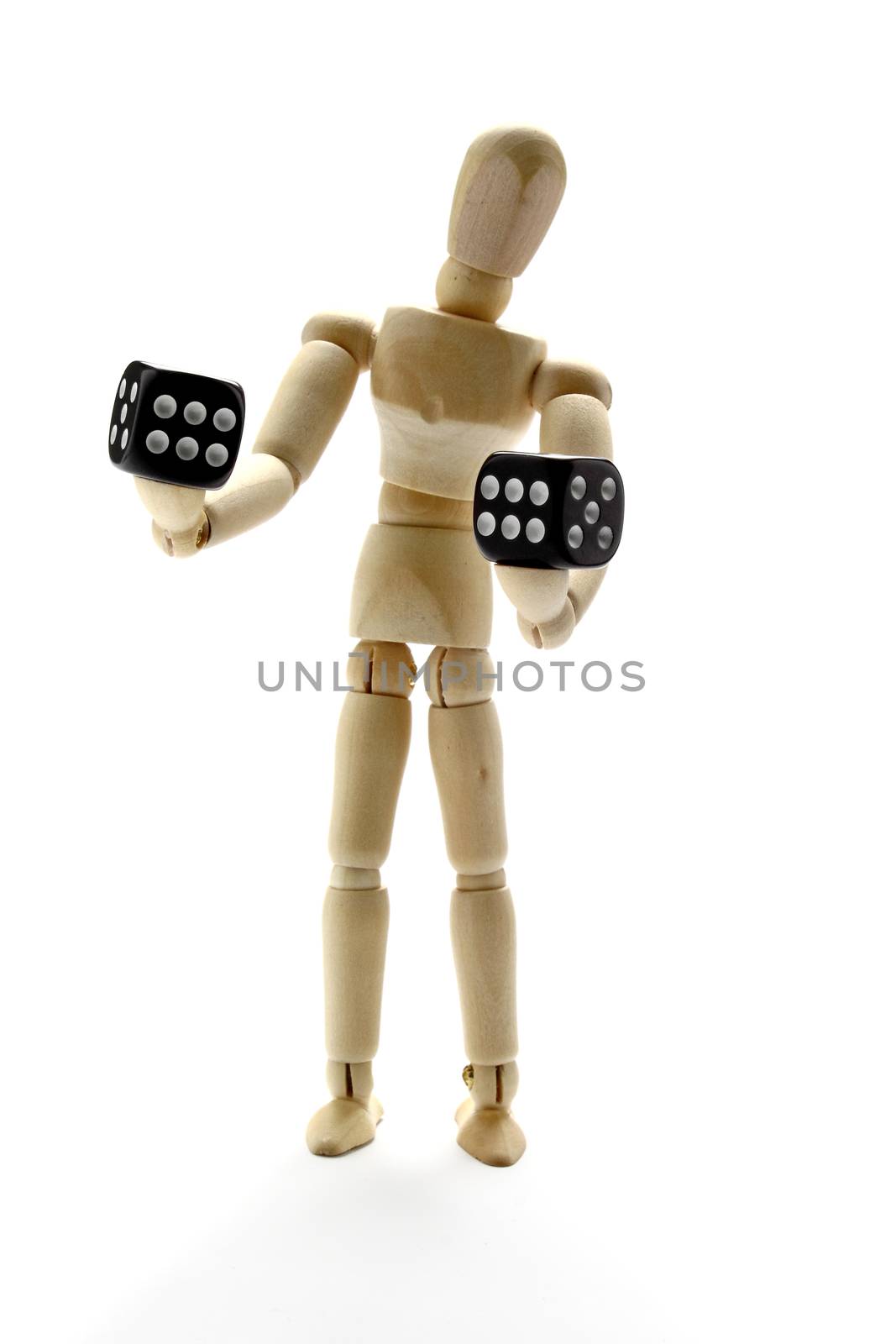 Wooden manikin choosing between two dice