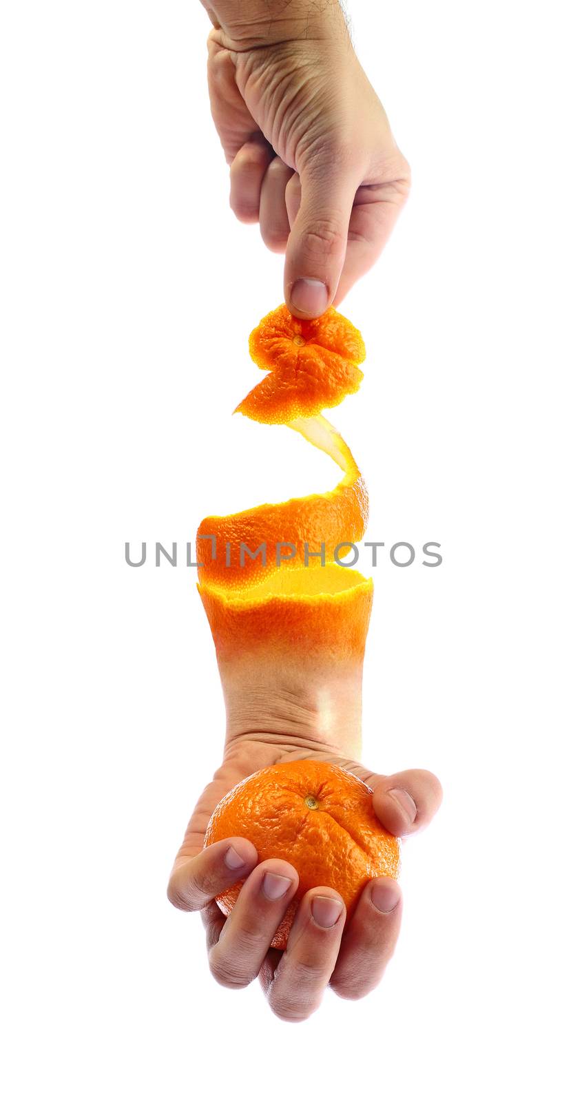 Composition of a hand grabbing an orange peel with other hand mounted at the end, which in turn grabs an orange