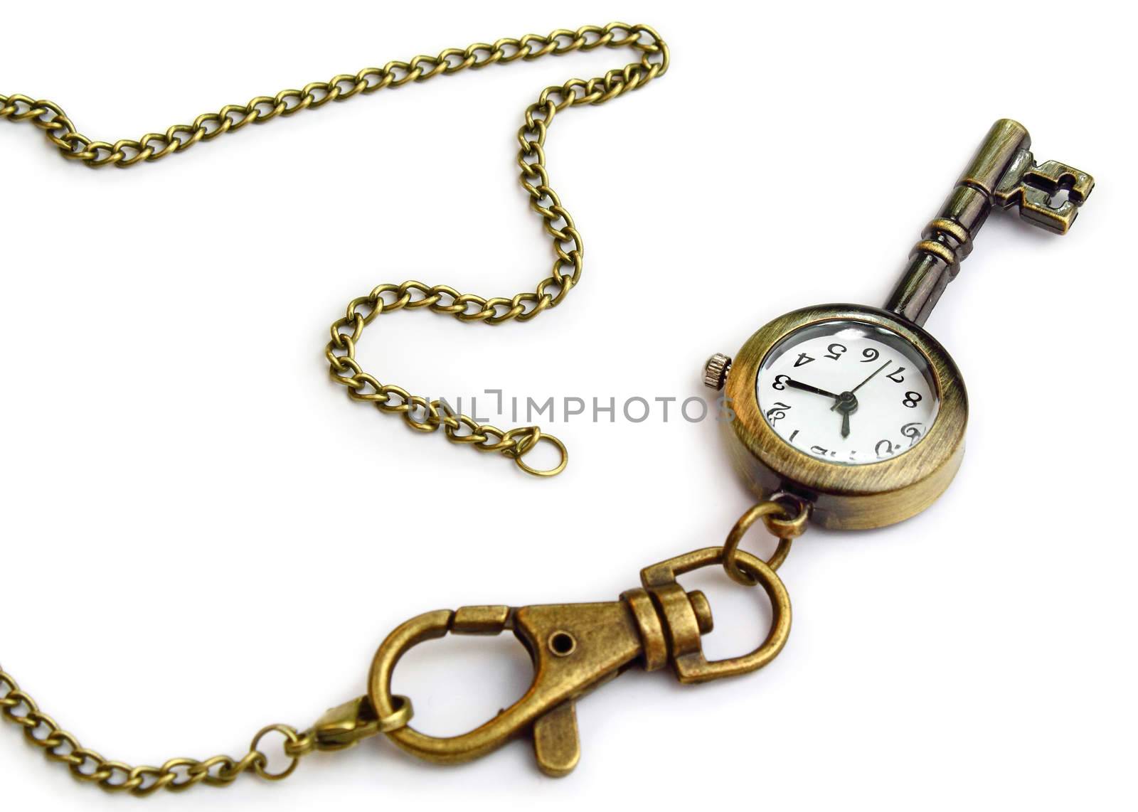 Golden key with a clock on pure white background