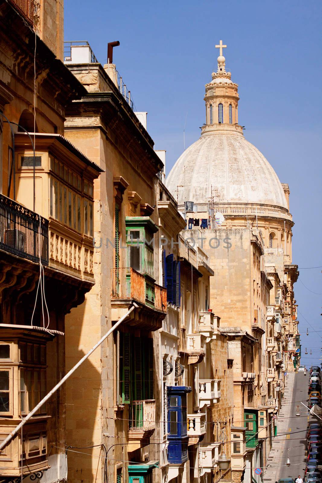 A church and street in the capital of Malta, Valletta