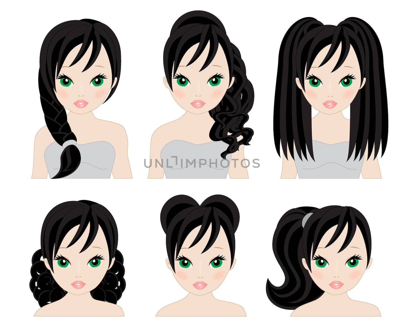 set of hairstyles for short and long black hair