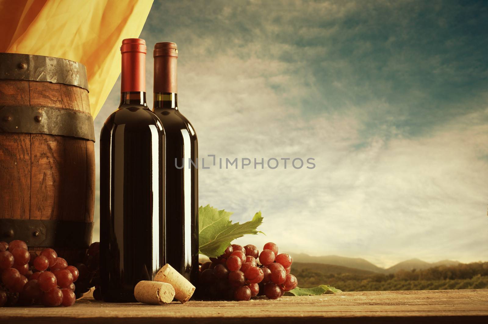 Red wine bottles with barrel and grapes, vineyard on background