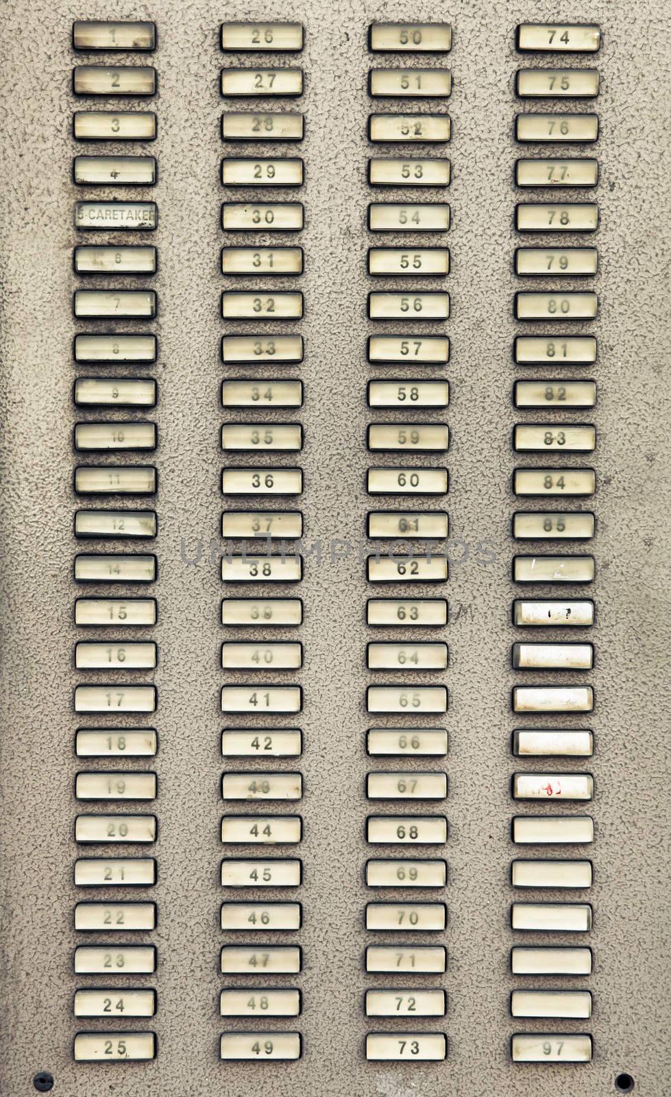 Intercom buttons for apartments in a city building