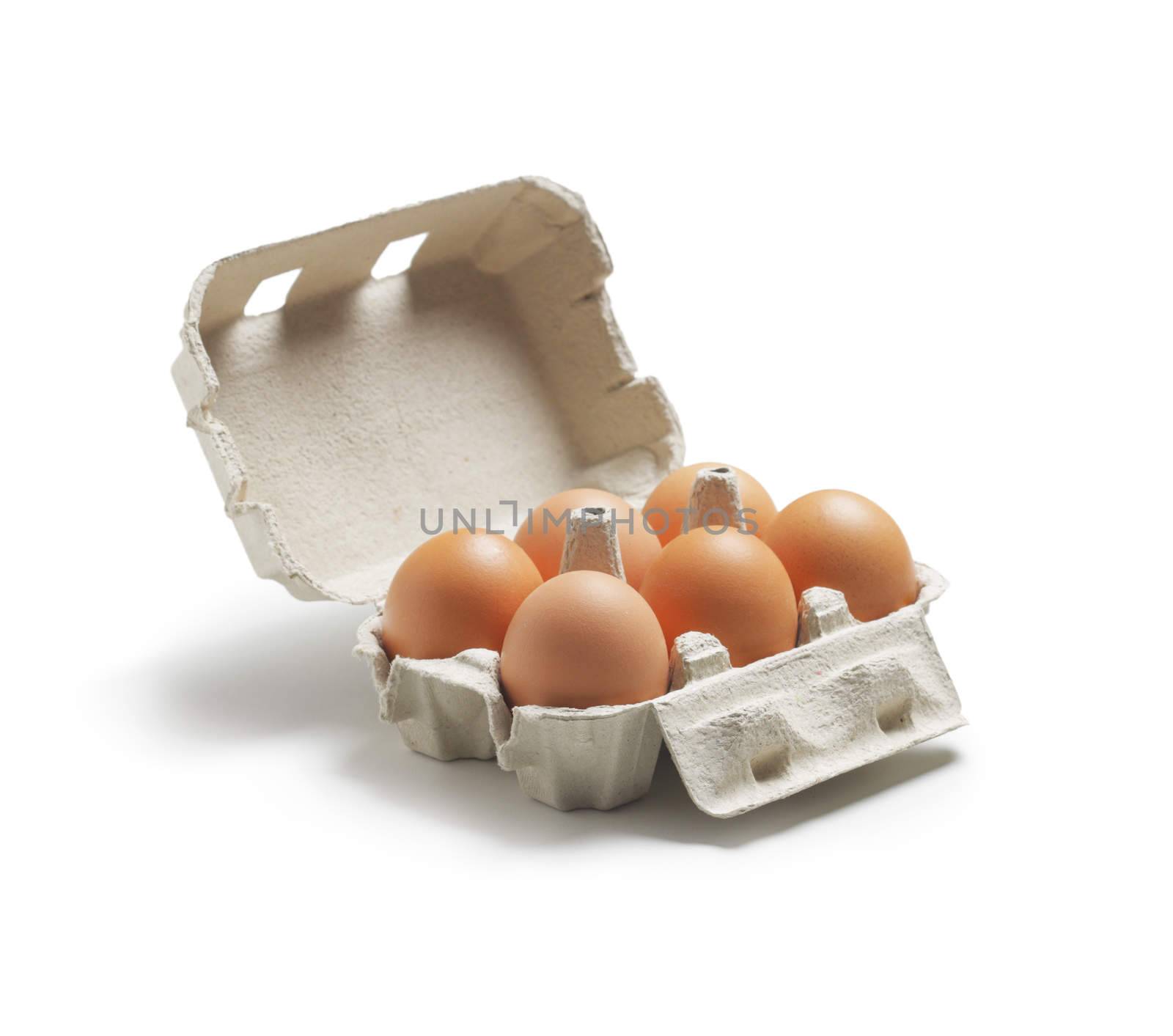 A carton of six eggs on white