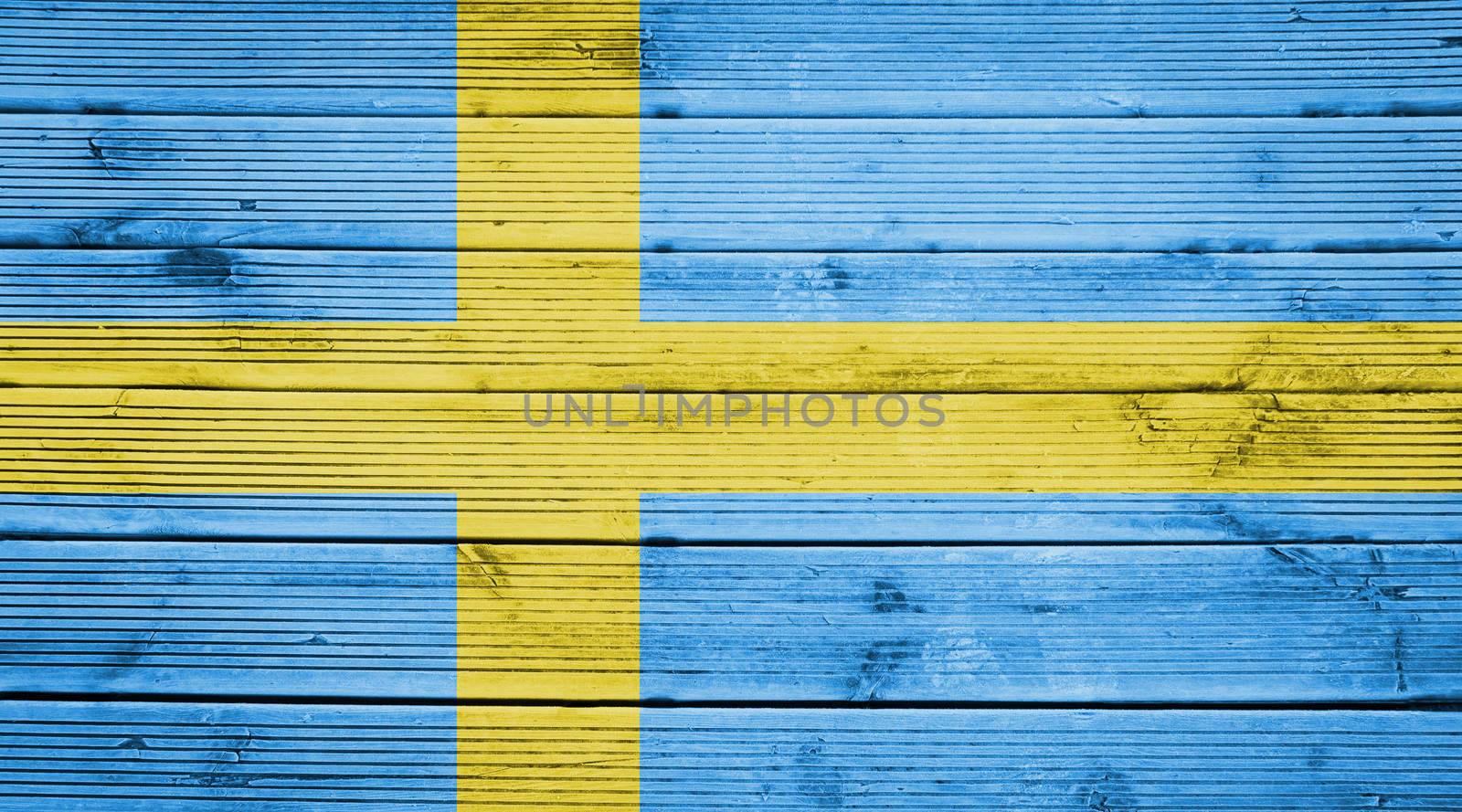 Natural wood planks texture background with the colors of the flag of Sweden