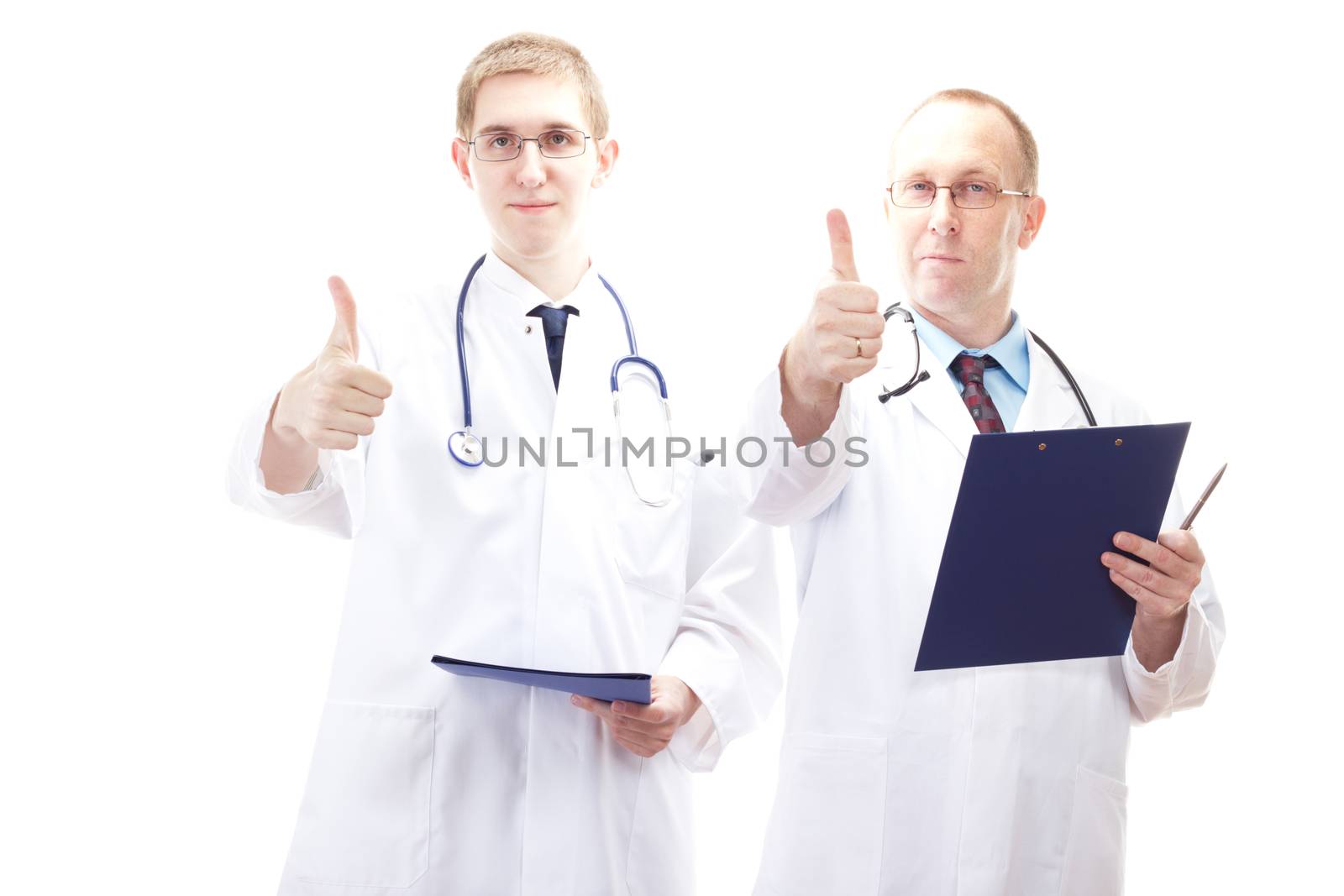 Two male medical doctors showing thumb up by gwolters
