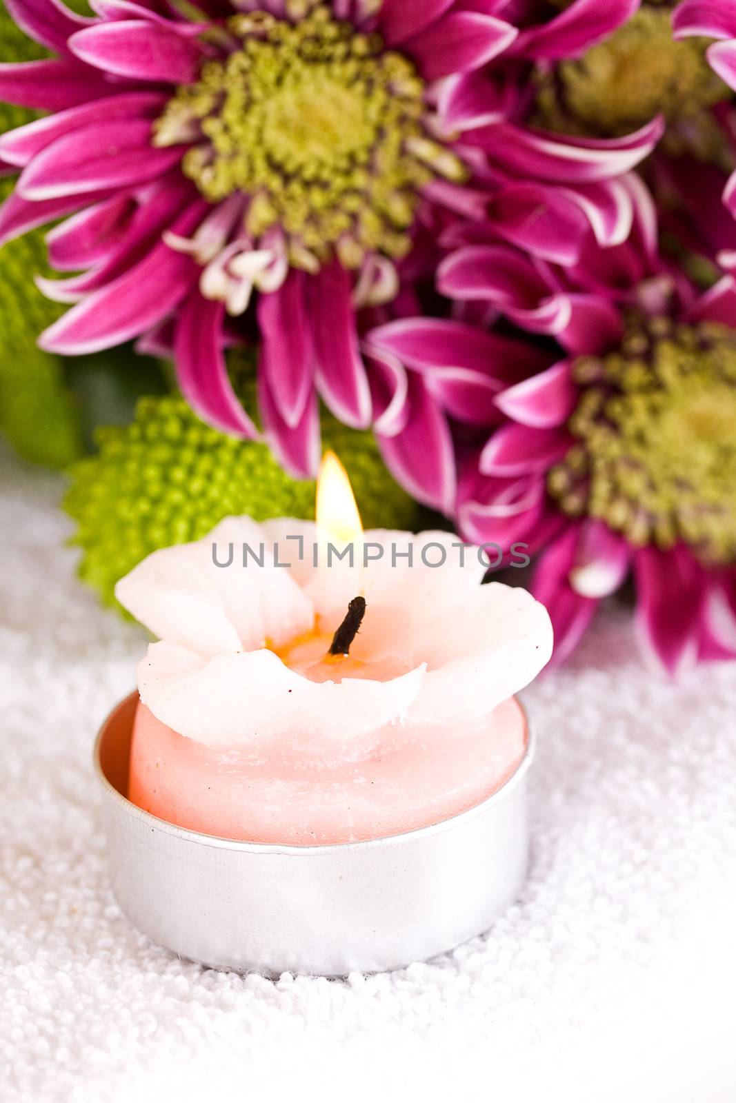 Burning candle on a background of pink chrysanthemums