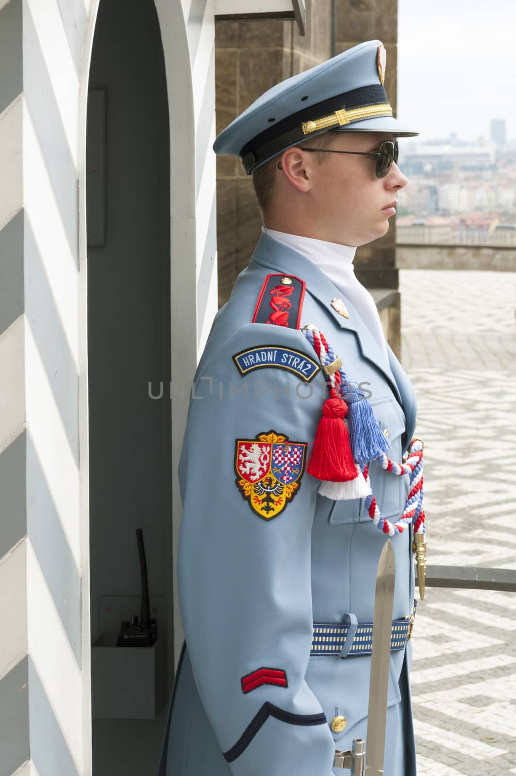 PRAGUE, CZECH REPUBLIC - JUNE 29: Guard on June 29, 2013 in Prague: Guard stands in front of entrance to Prague Castle, seat of president of Czech Republic