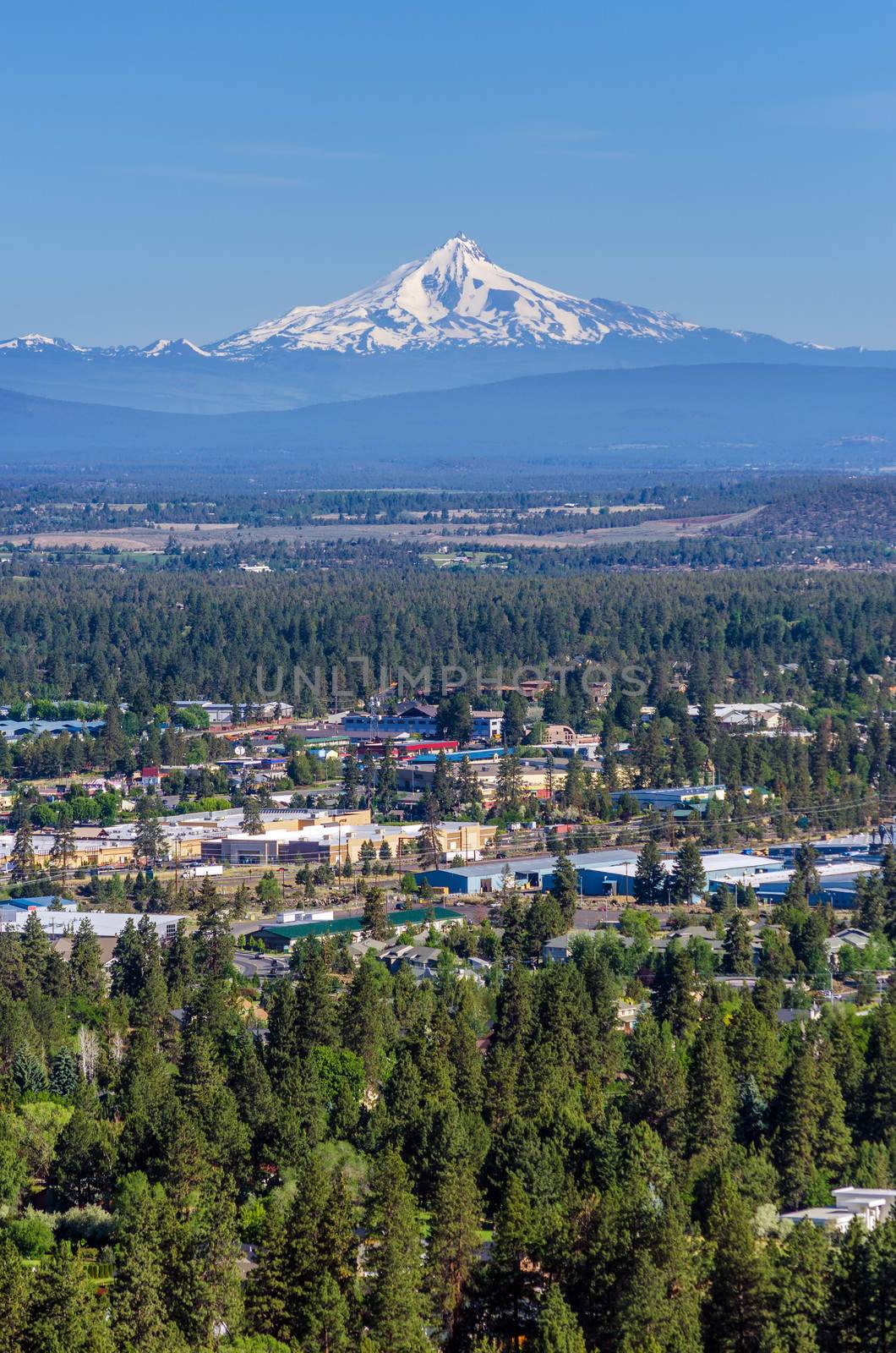 Vertical view of Mount Jefferson and the city of Bend in Central Oregon