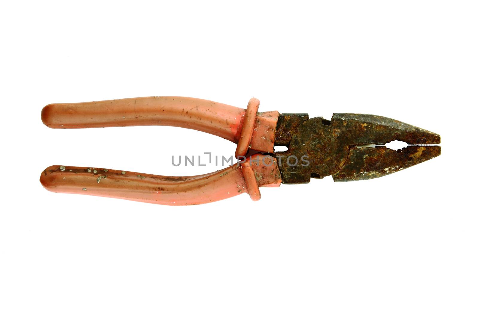 used old Metal pliers with red grips isolated on white background with a clipping path
