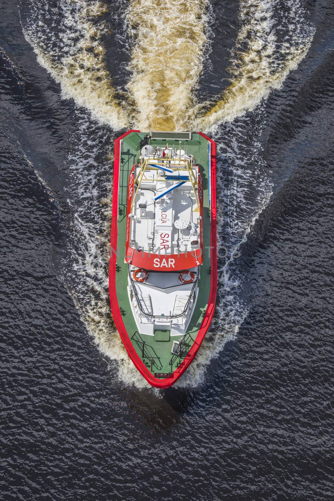 Rescue boat RS 142, Horn Flyer escorts MS Sj��kurs with NRK through Ringdalsfjord, heading for the port of Halden. Photo is shot from Svinesund bridge, Halden, Norway.