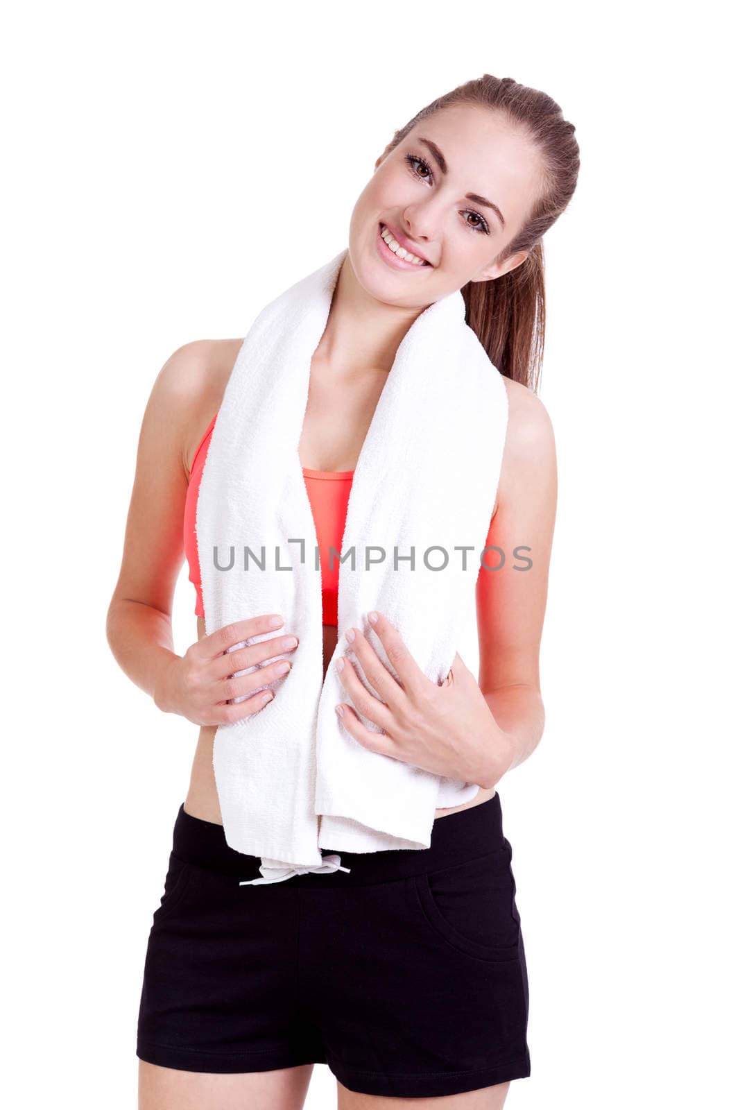 young attractive woman with towel sports outfit isolated by juniart