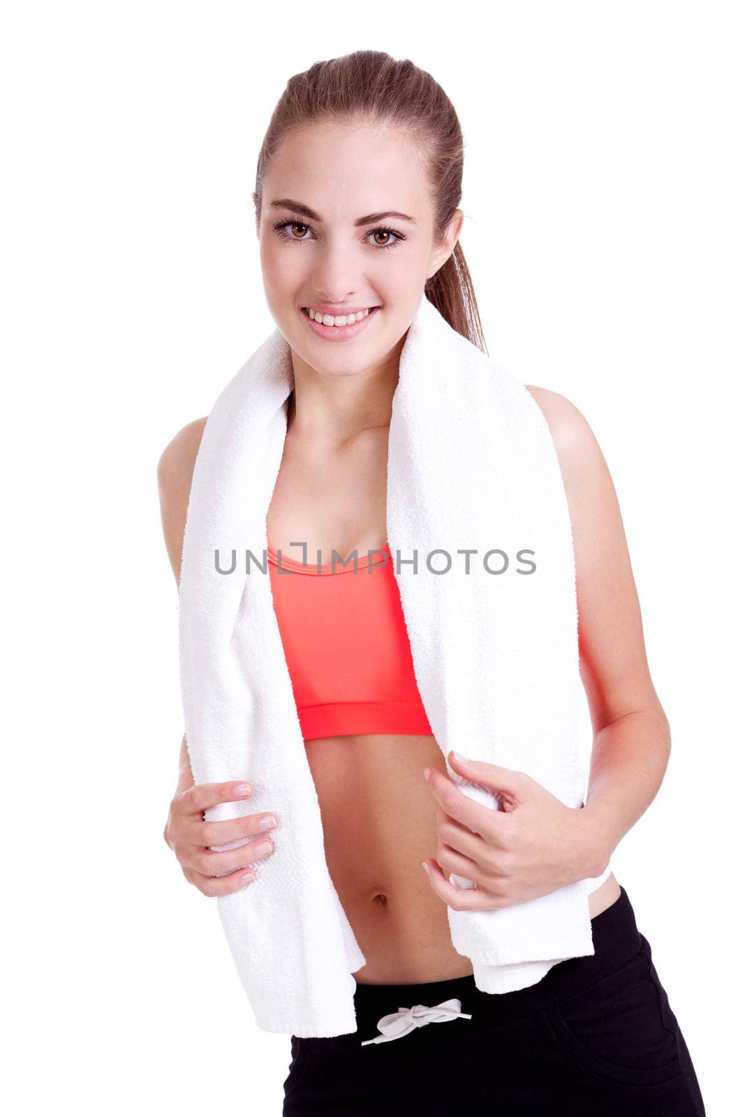 young attractive woman with towel sports outfit isolated by juniart