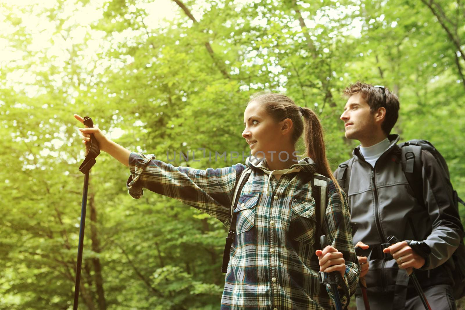 Young couple nordic walker in a forest looking around