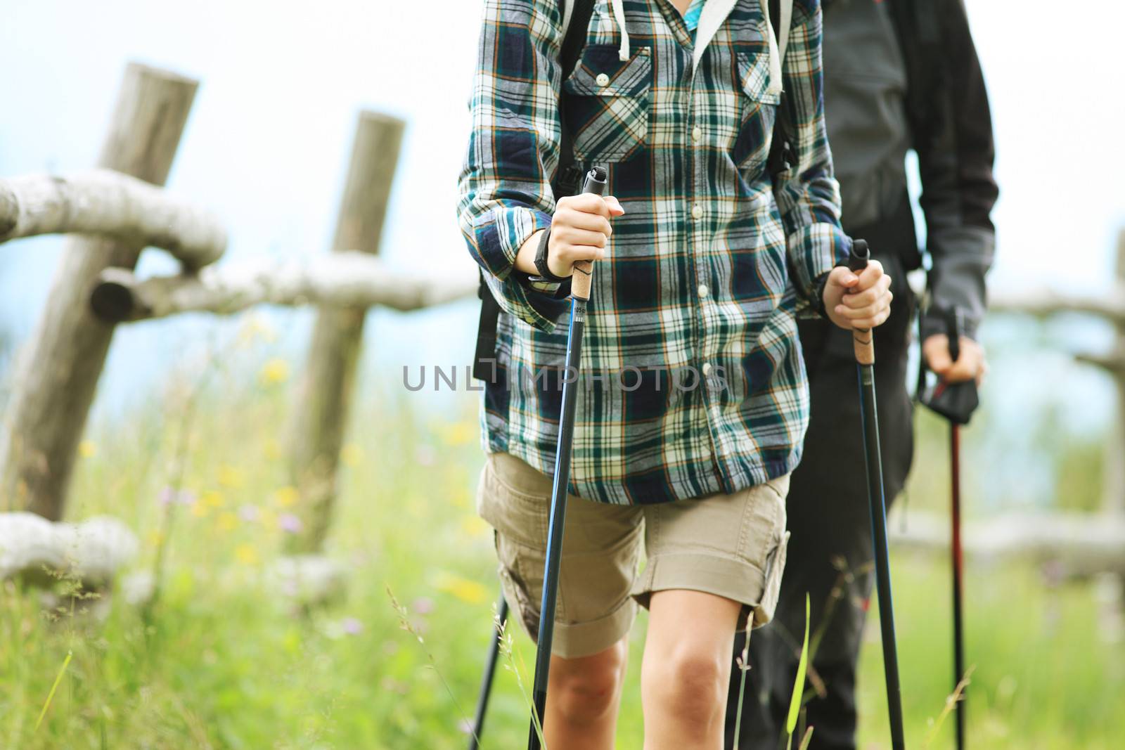 Close up of two nordic walkers outdoors