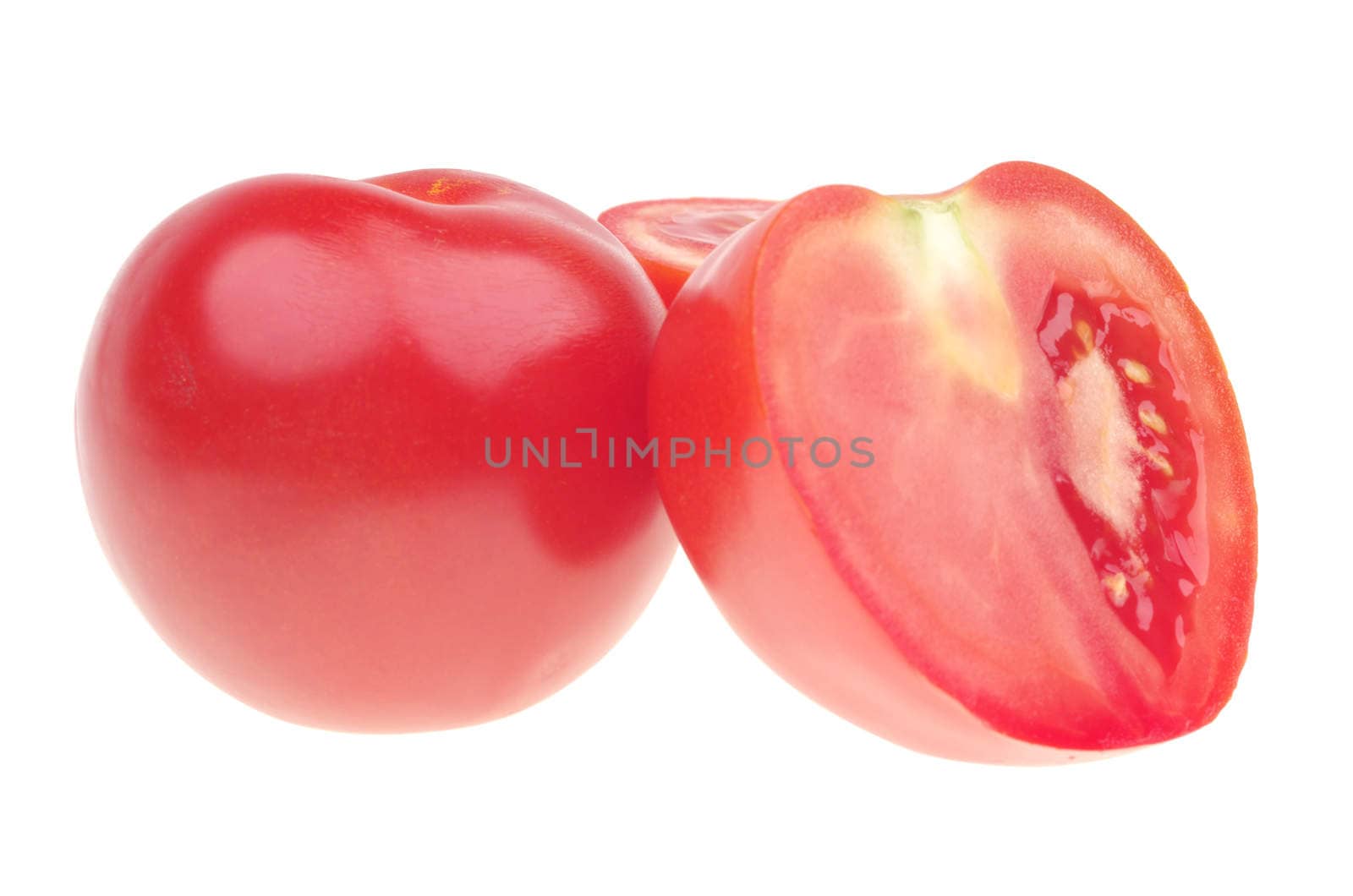 Ripe red tomato and half over white
