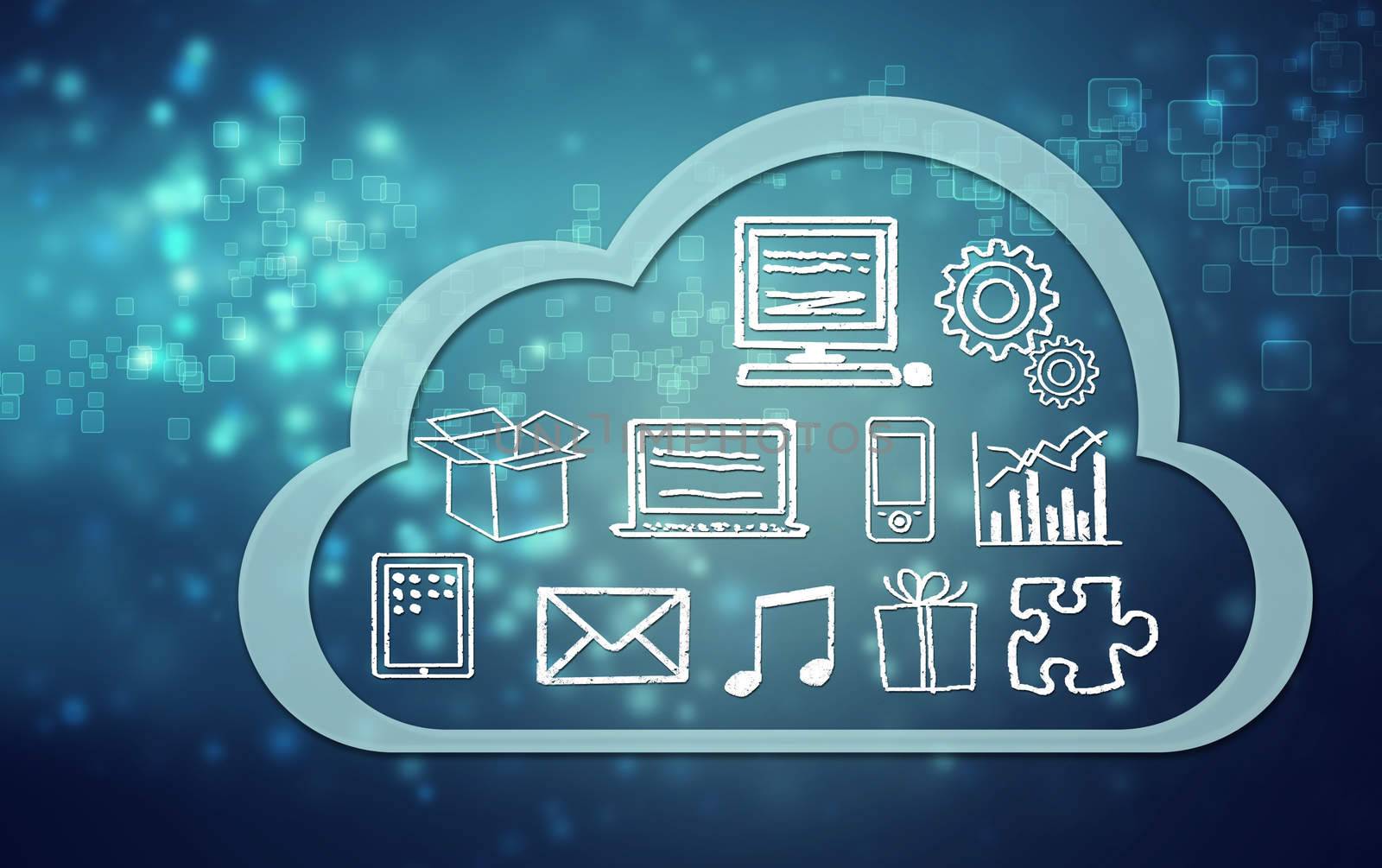 Cloud computing concept icons and symbols on blue background