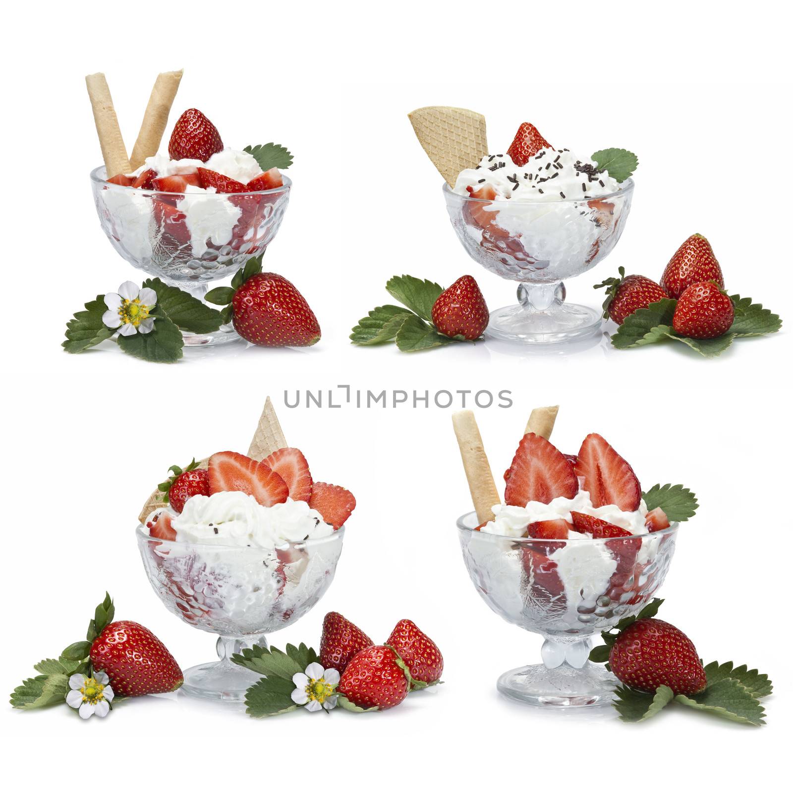 Four different presentations of strawberries with cream cups