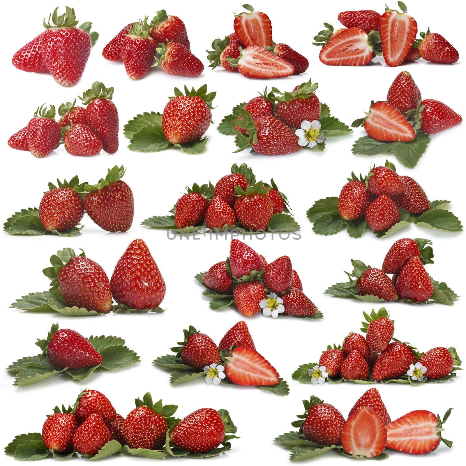 Great set of photographs of strawberries with leaves and flowers isolated over a white background.
