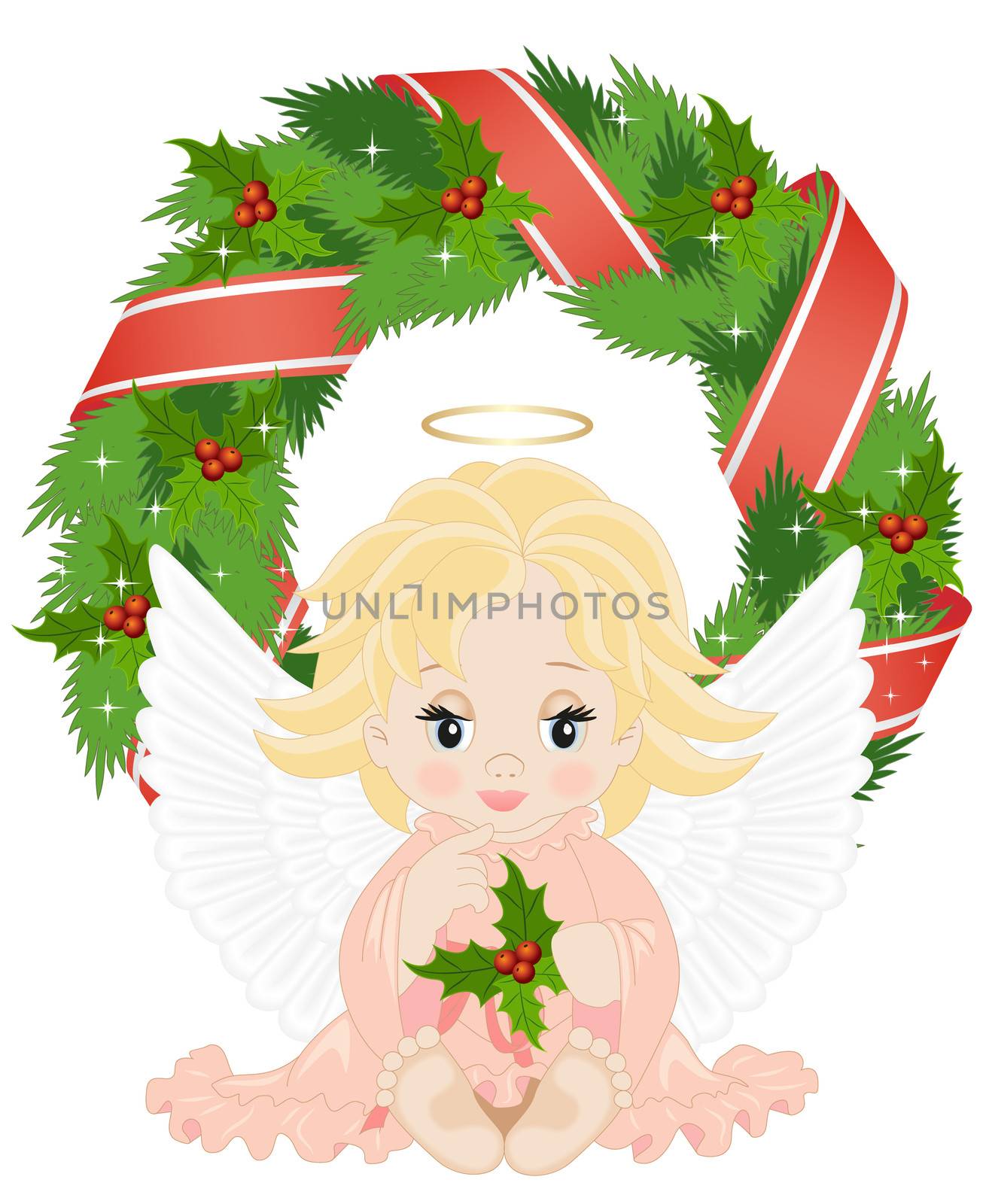 angel sitting in front of a Christmas wreath isolated on a white background