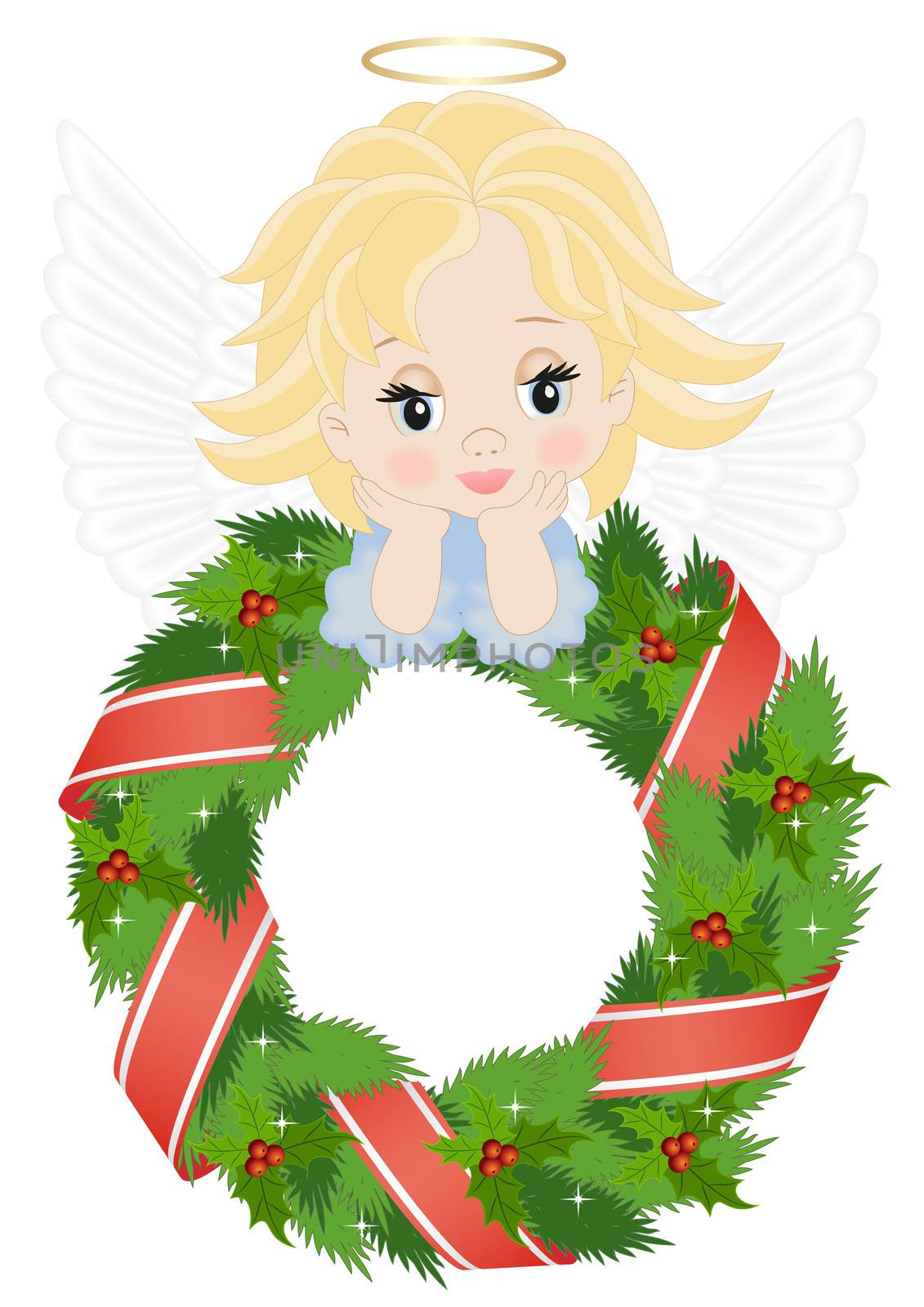 angel on the Christmas wreath isolated on a white background