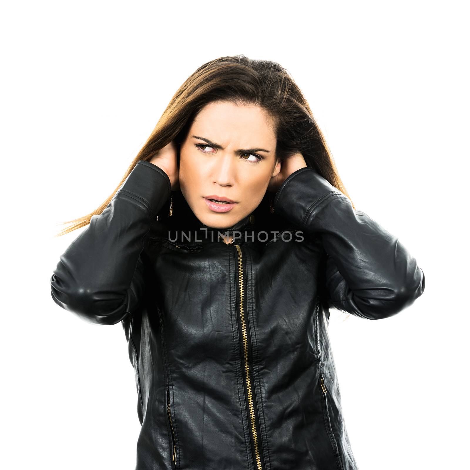pretty stressed young woman with leather jacket