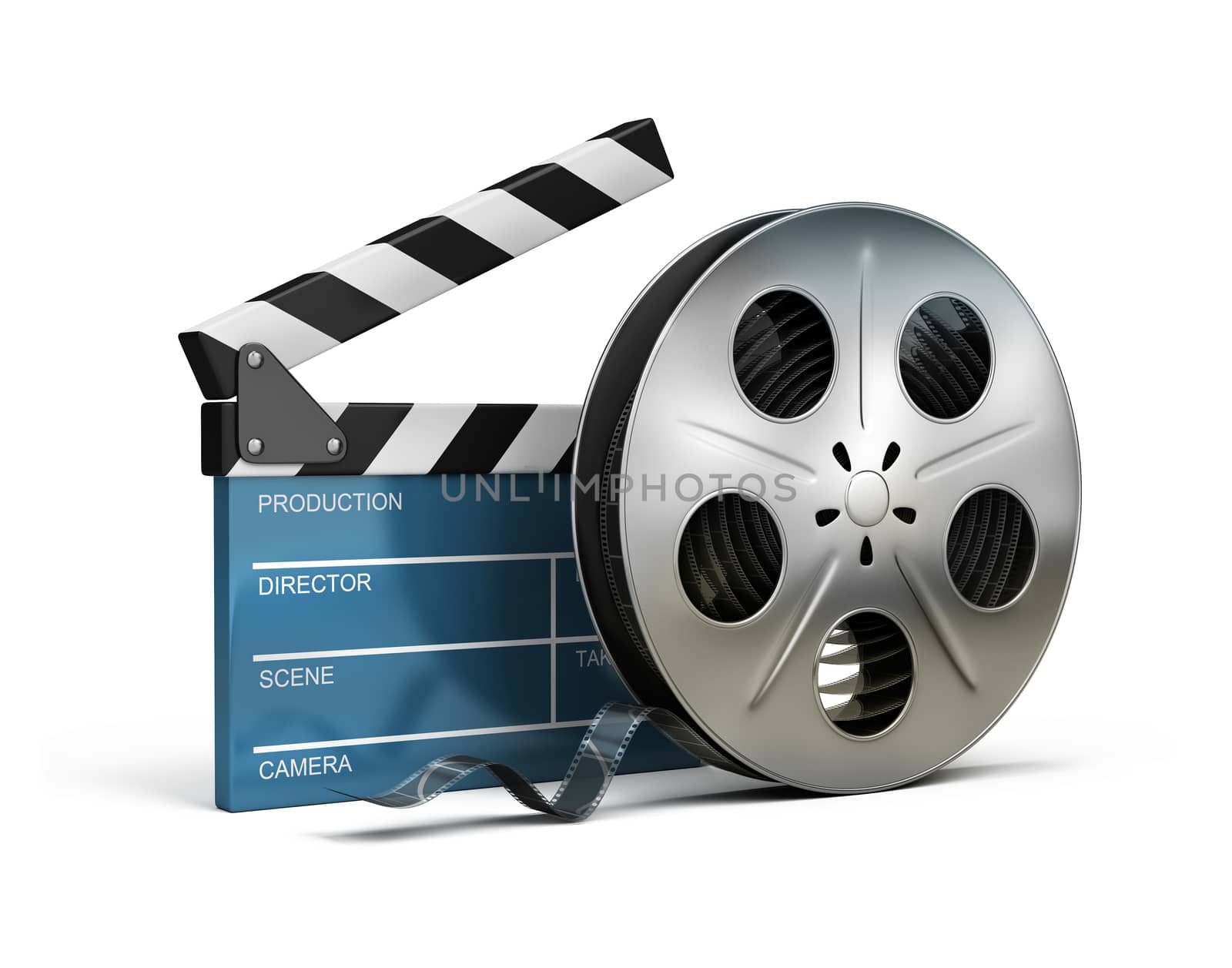 Cinema clapper and film tape. 3d image. Isolated white background.