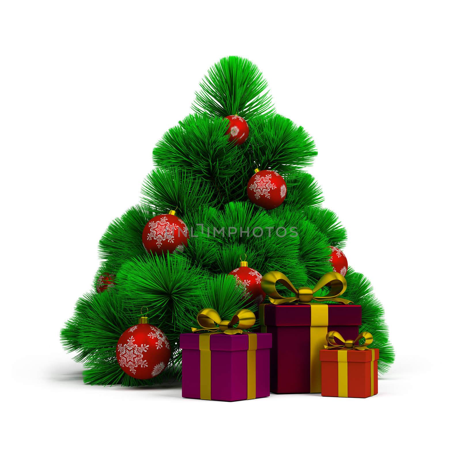 Christmas tree, balls and gifts. 3d image. Isolated white background.